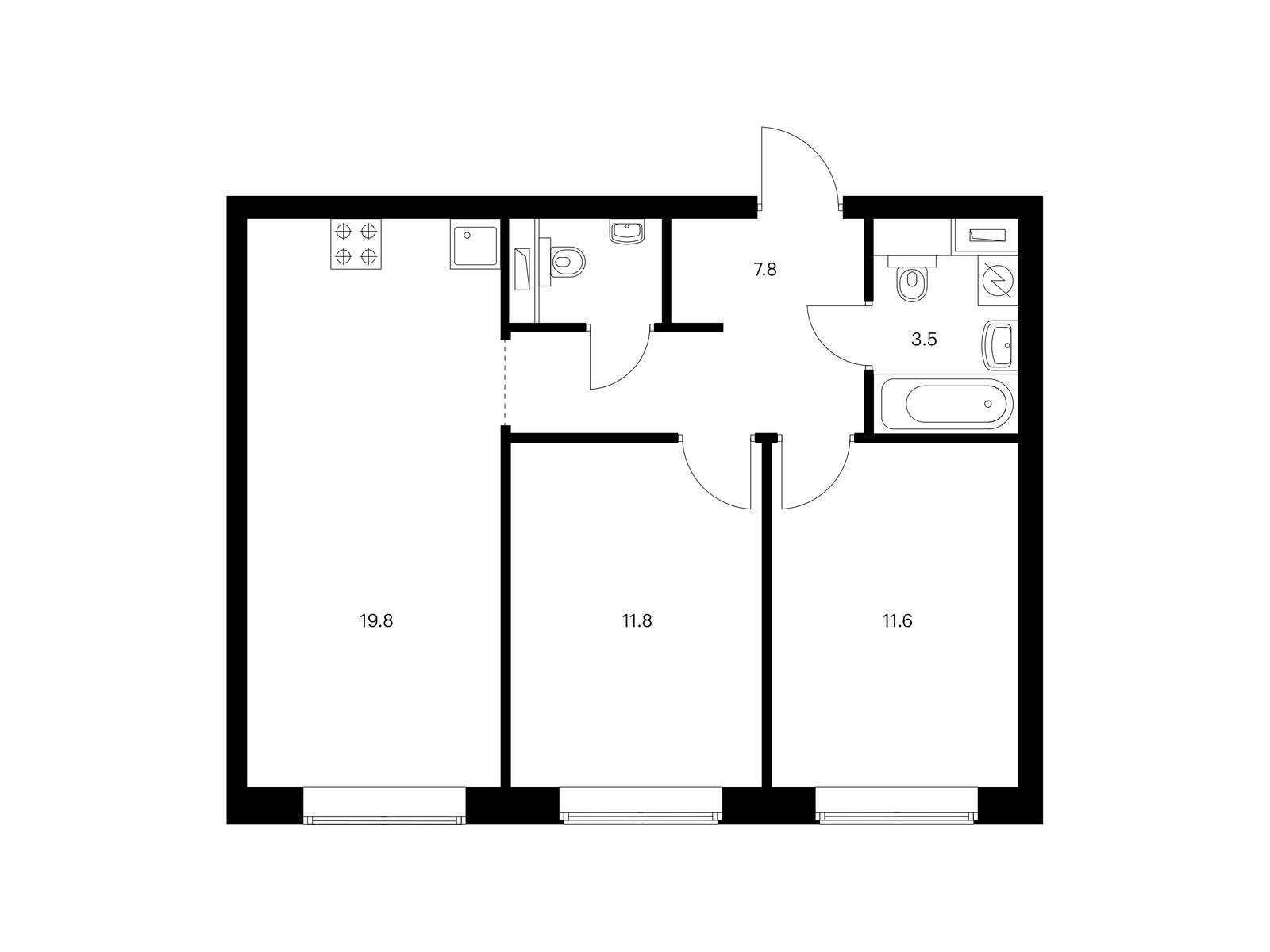 2-комнатная квартира, 56.3 кв.м, Полар