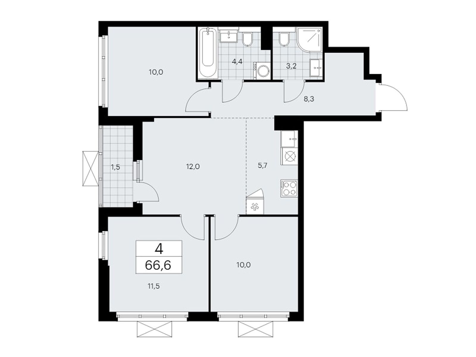 4-комнатная, 66.4 м2, ЖК «Бунинские Кварталы»