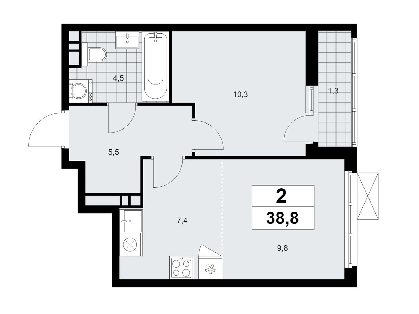 2-комнатная квартира, 38.8 кв.м, ЖК «Скандинавия»
