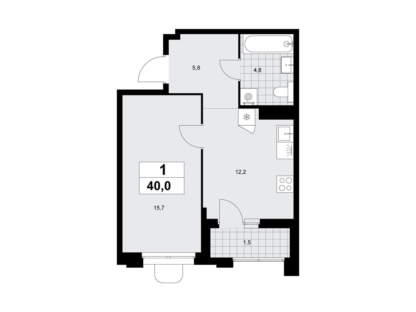 1-комнатная, 40 м2, ЖК «Прокшино»