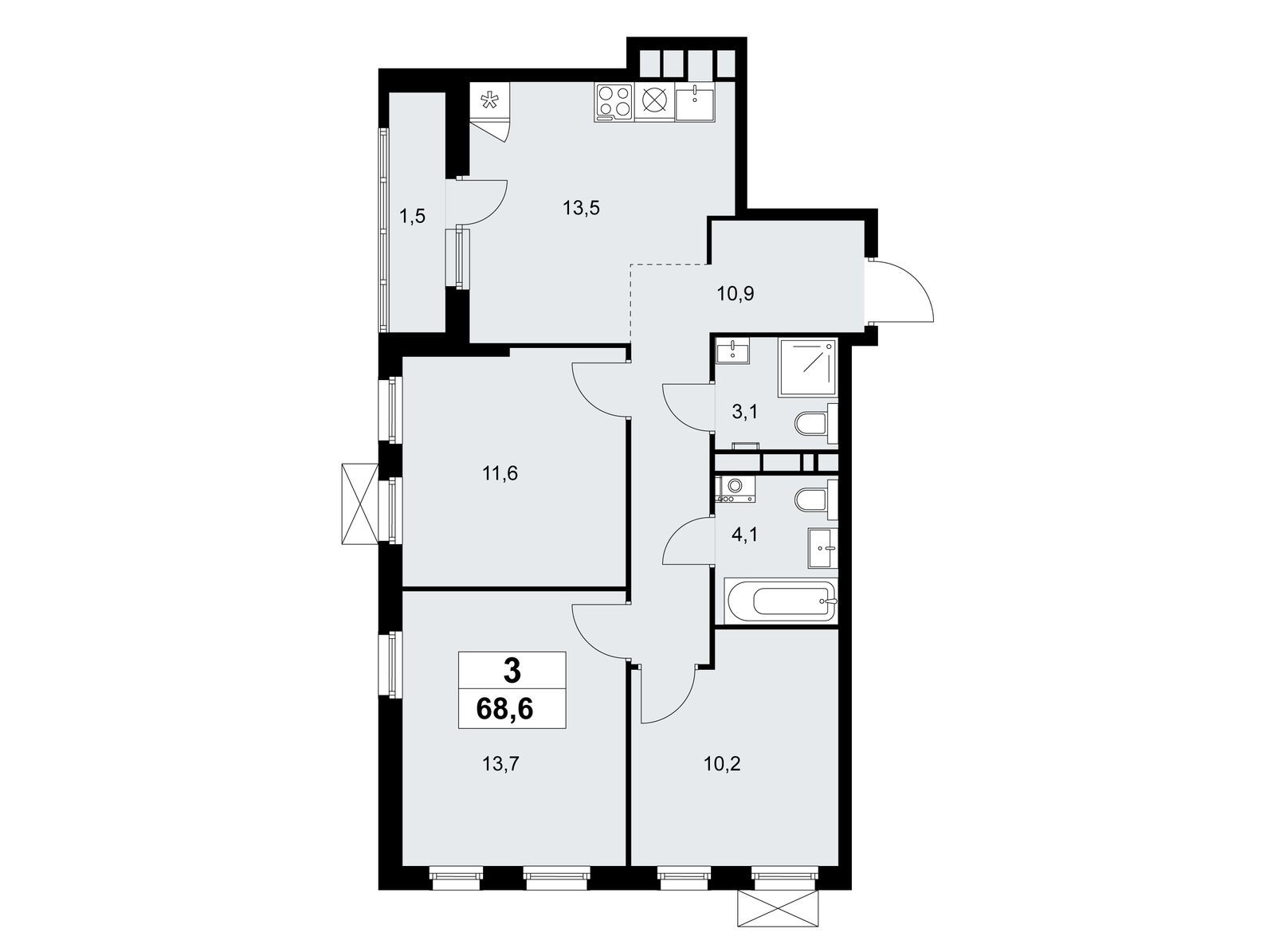 3-комнатная квартира, 68.6 кв.м, Жилой район "Скандинавия"