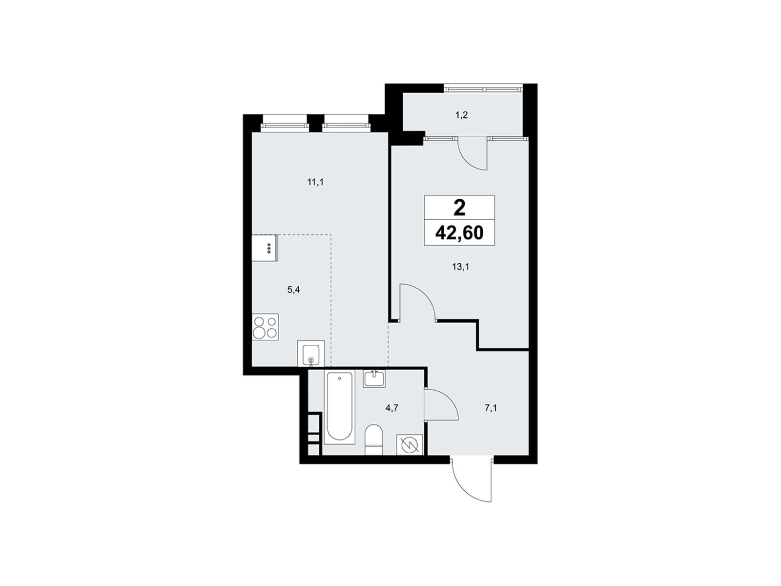 2-комнатная, 42.5 м2, «Дом на Зорге»