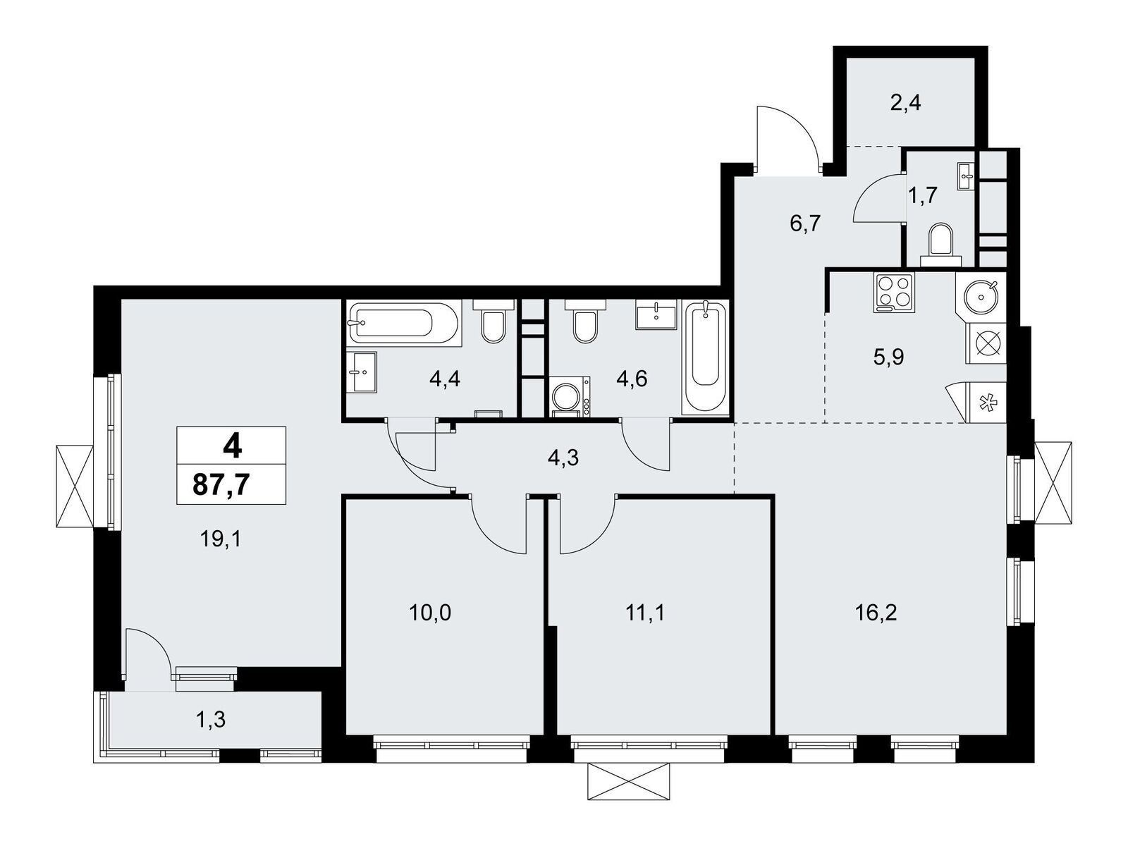 4-комнатная квартира, 87.4 кв.м, ЖК «Скандинавия»