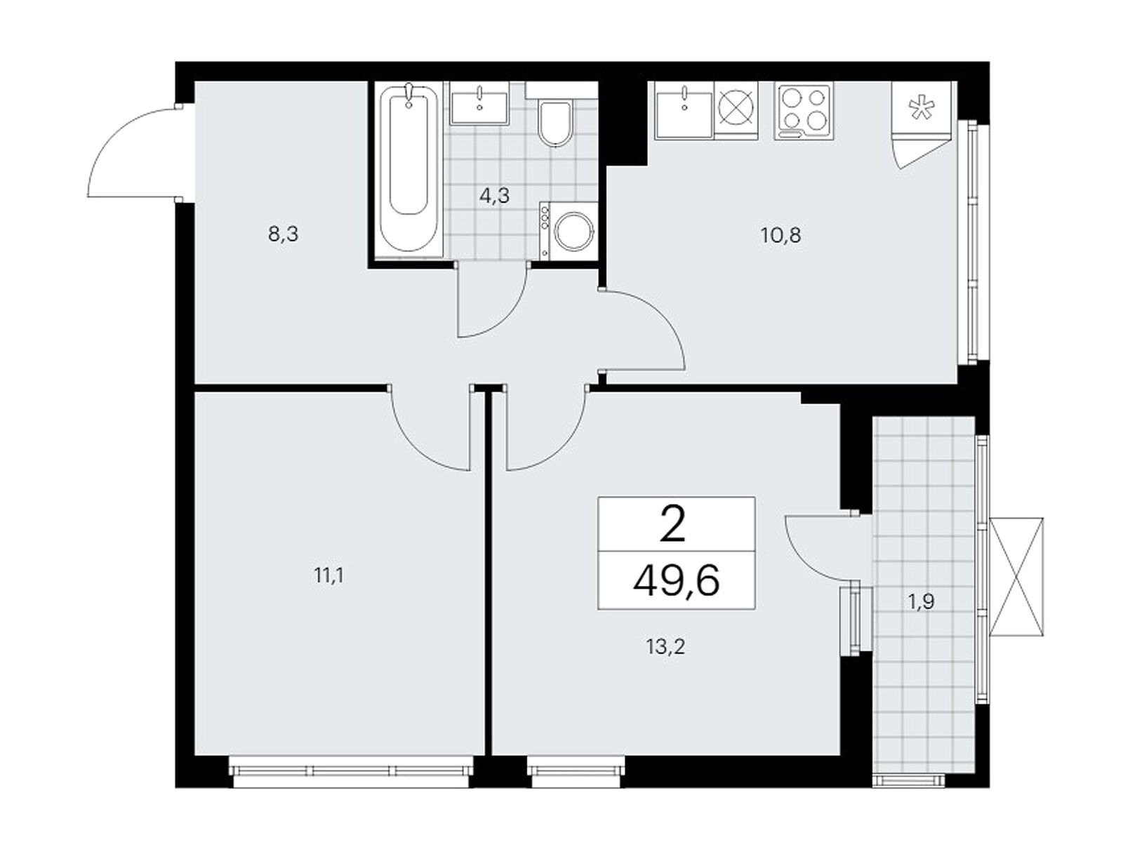 2-комнатная, 49.6 м2, ЖК «Бунинские Кварталы»
