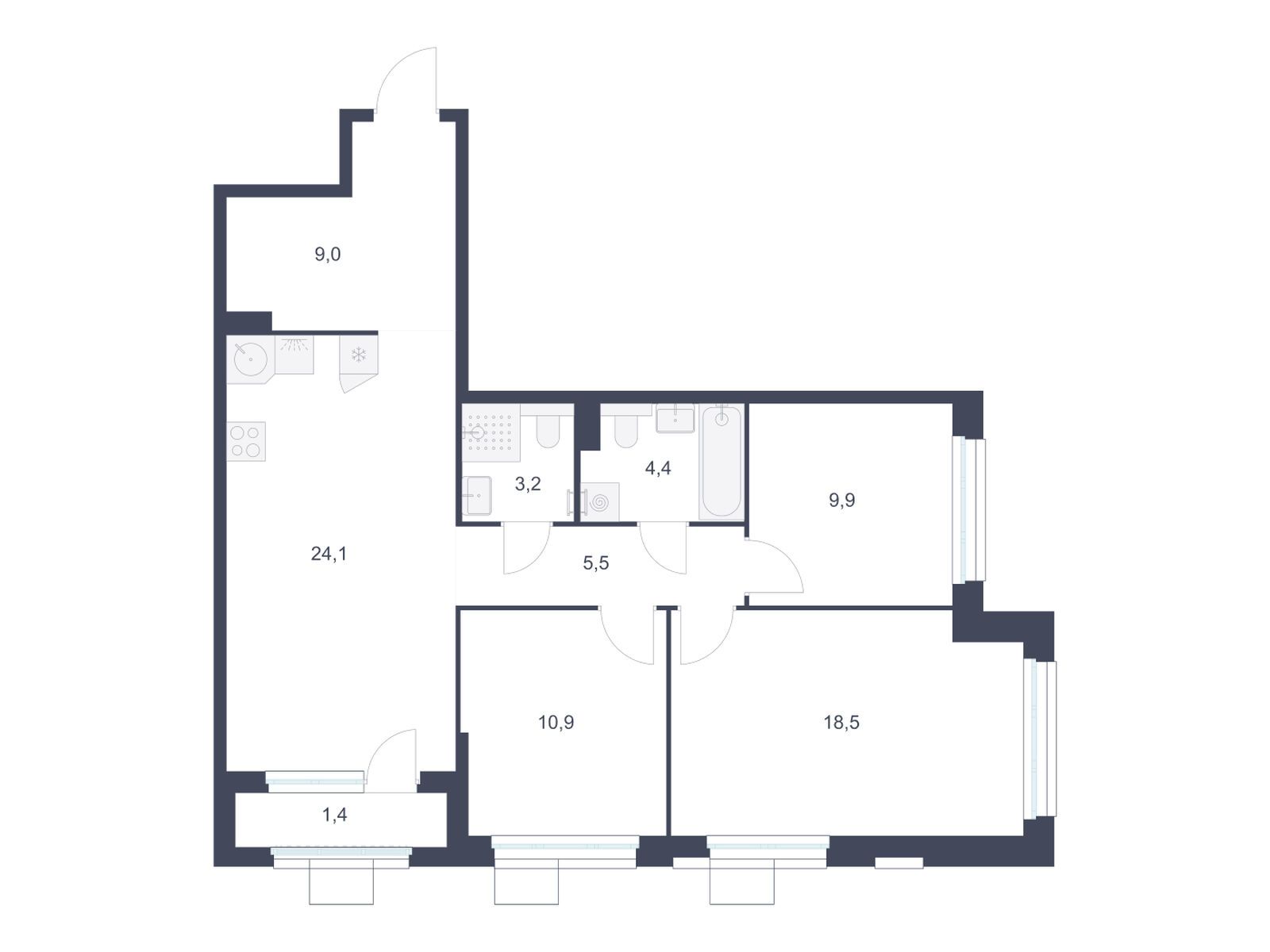 3-комнатная квартира, 86.9 кв.м, ЖК «Южные сады»