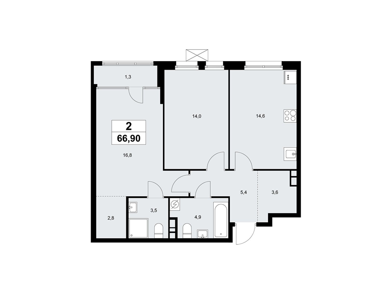 2-комнатная, 66.9 м2, «Дом на Зорге»