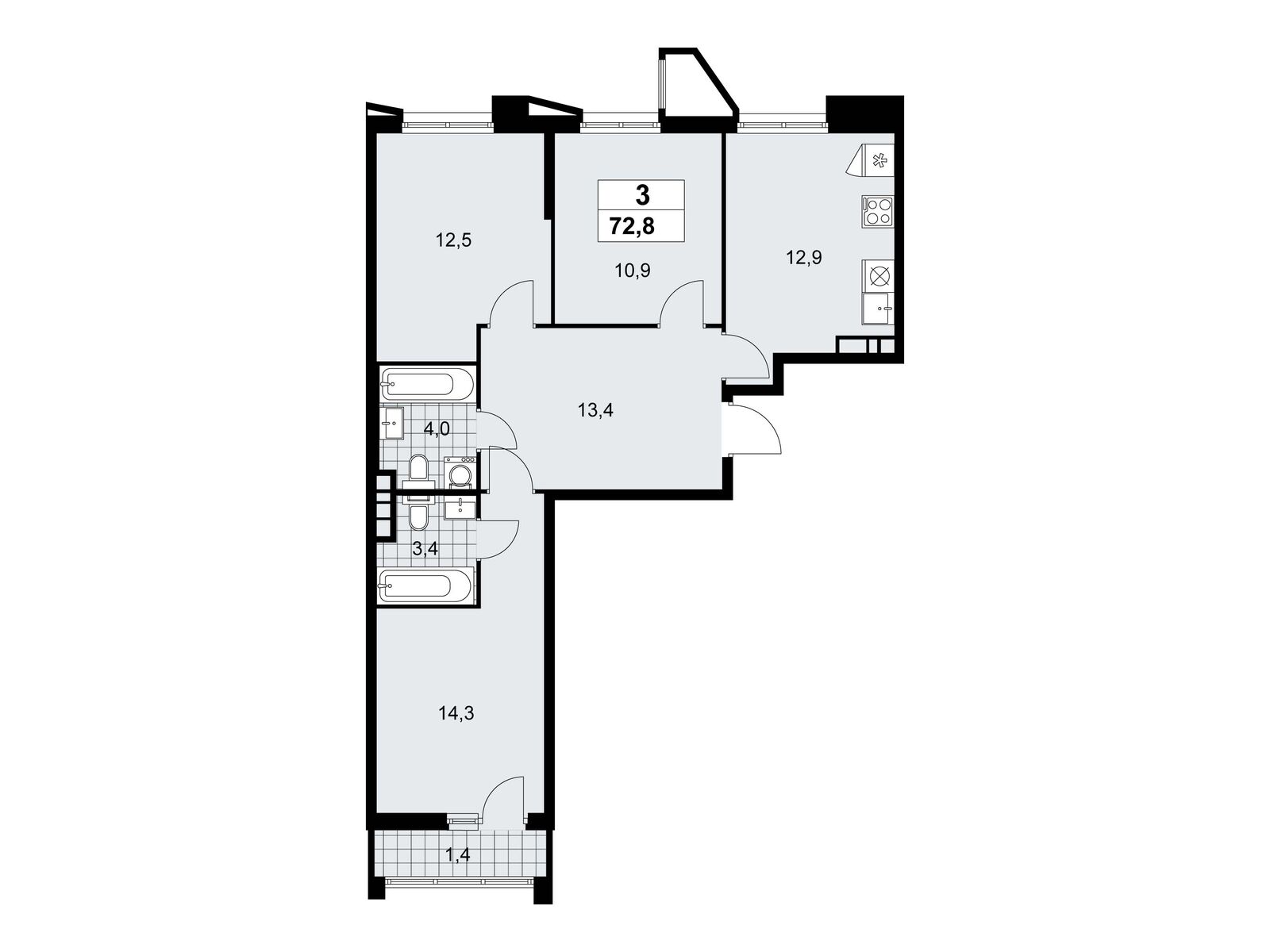 3-комнатная, 72.8 м2, ЖК «Прокшино»