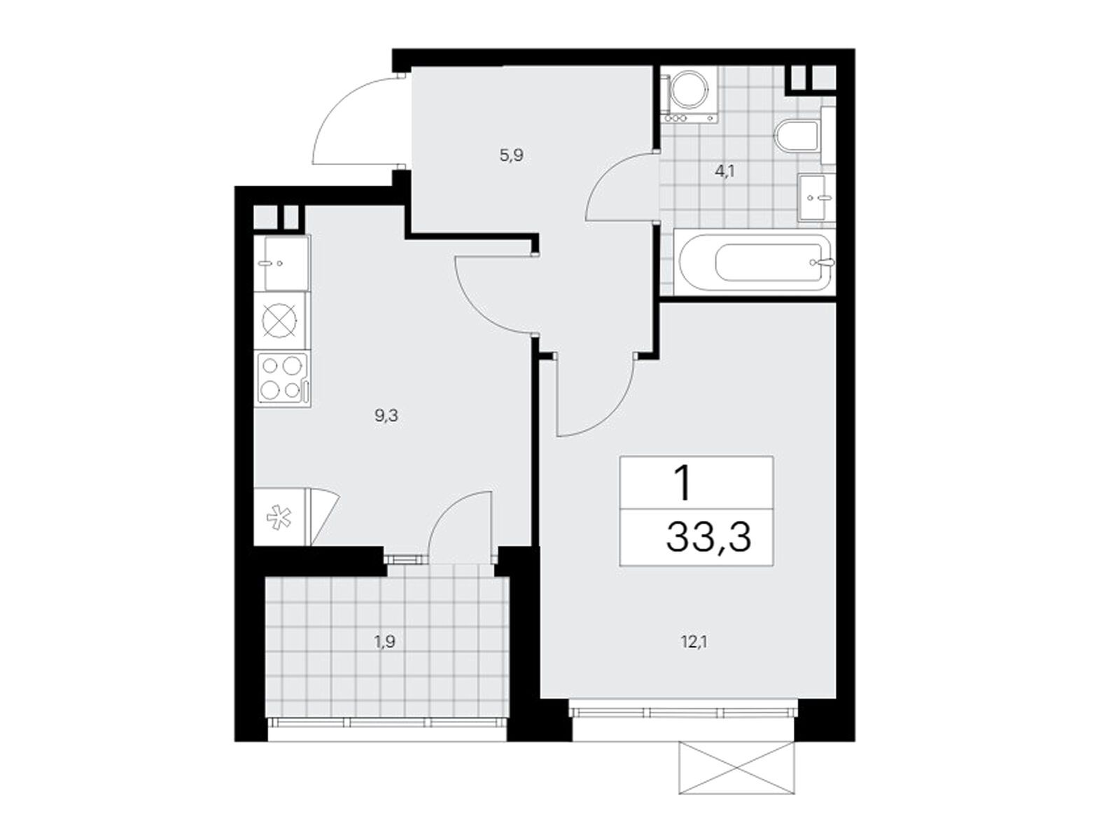 1-комнатная квартира, 33.3 кв.м, ЖК "Деснаречье"