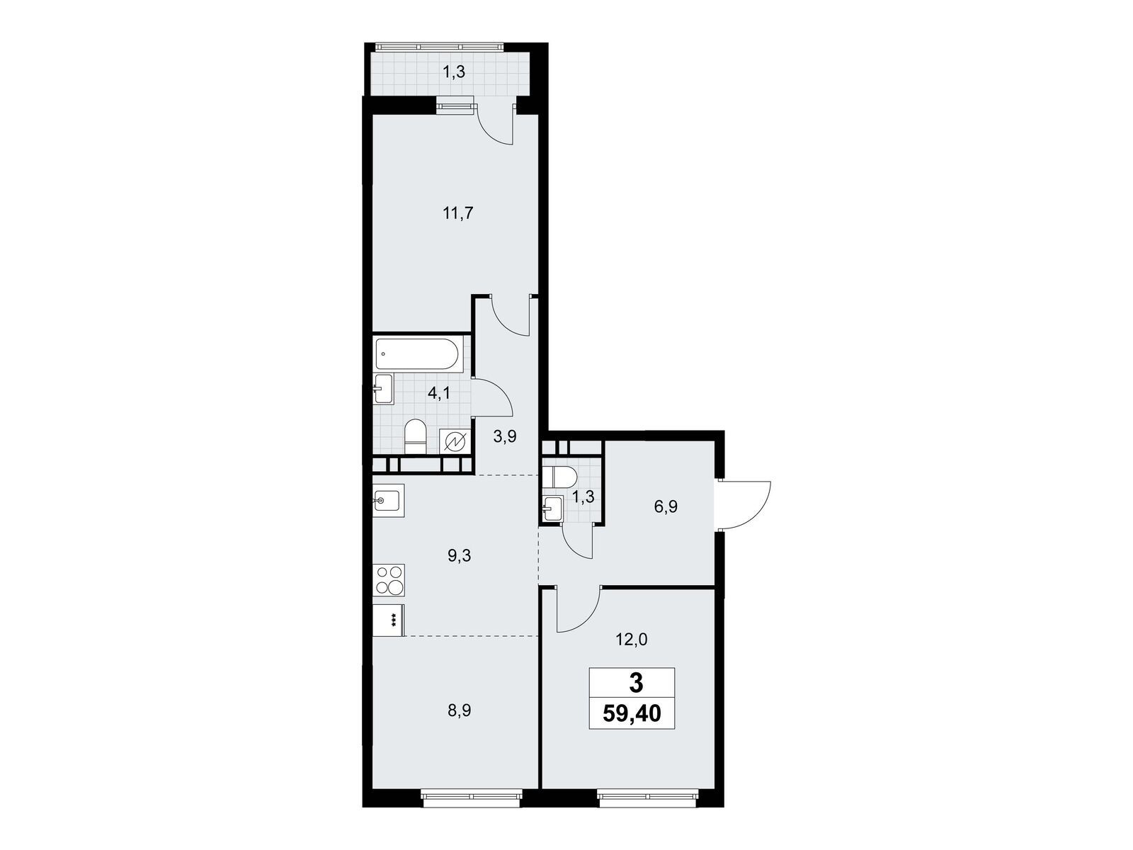 3-комнатная, 59.4 м2, ЖК «Родные кварталы»