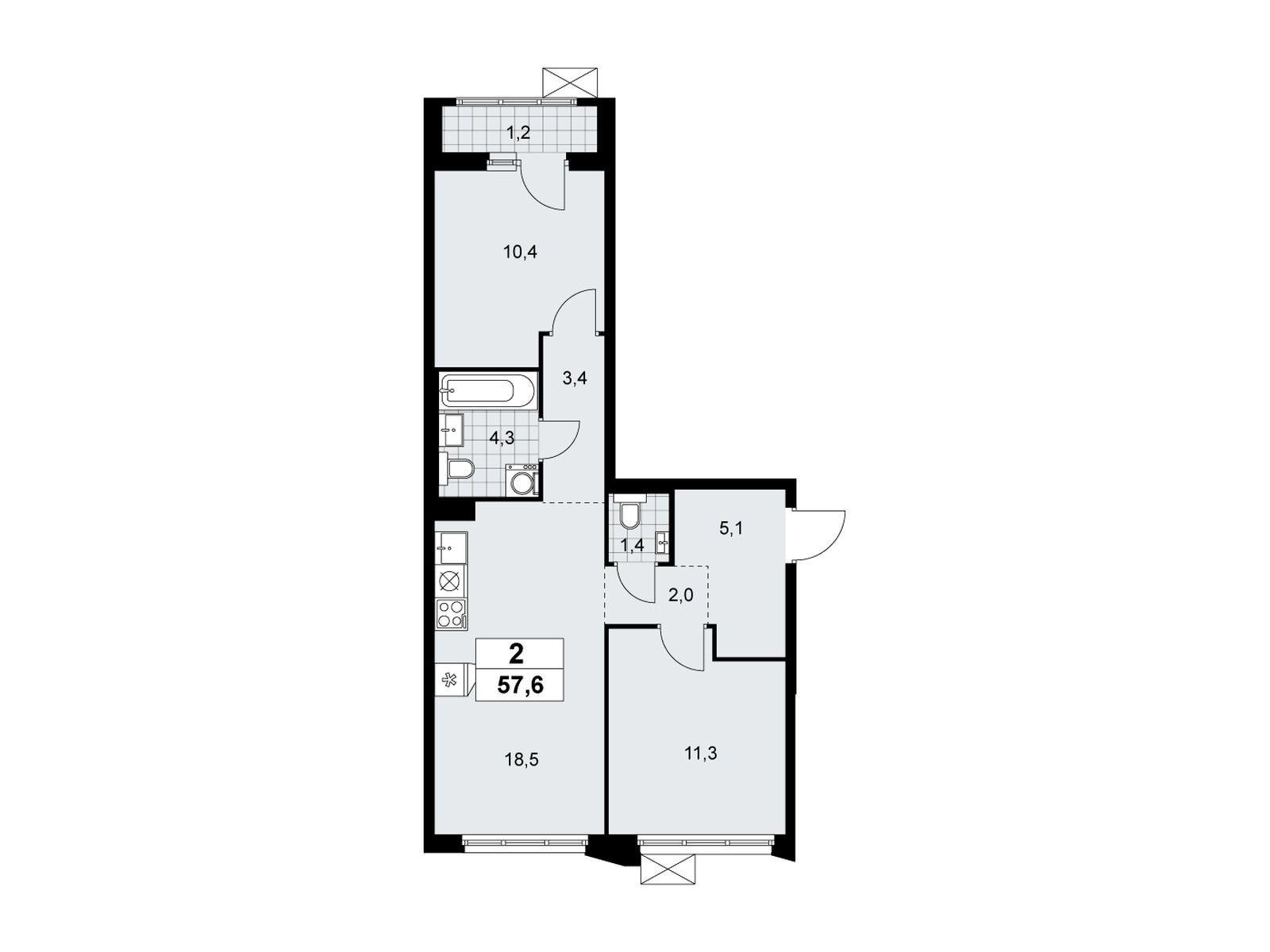 2-комнатная квартира, 57.6 кв.м, ЖК «Деснаречье»