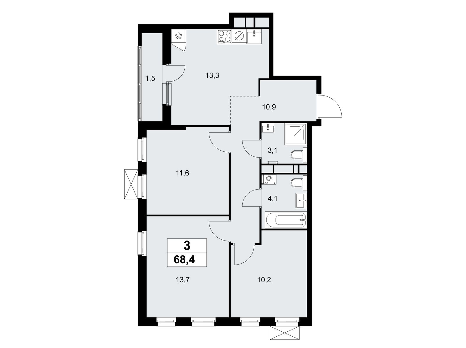 3-комнатная квартира, 68.4 кв.м, Жилой район "Скандинавия"