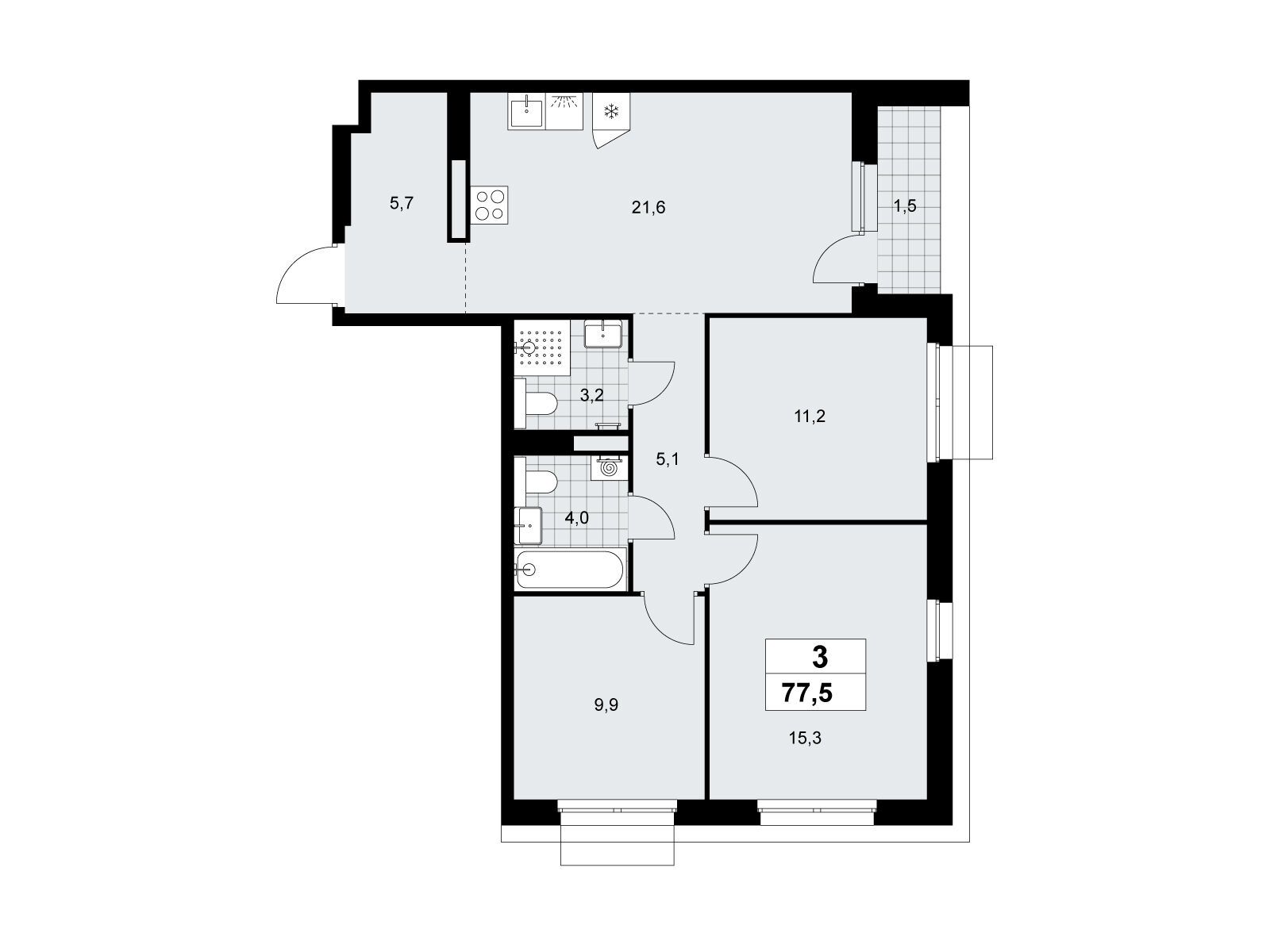 3-комнатная, 77.5 м2, ЖК «Деснаречье»