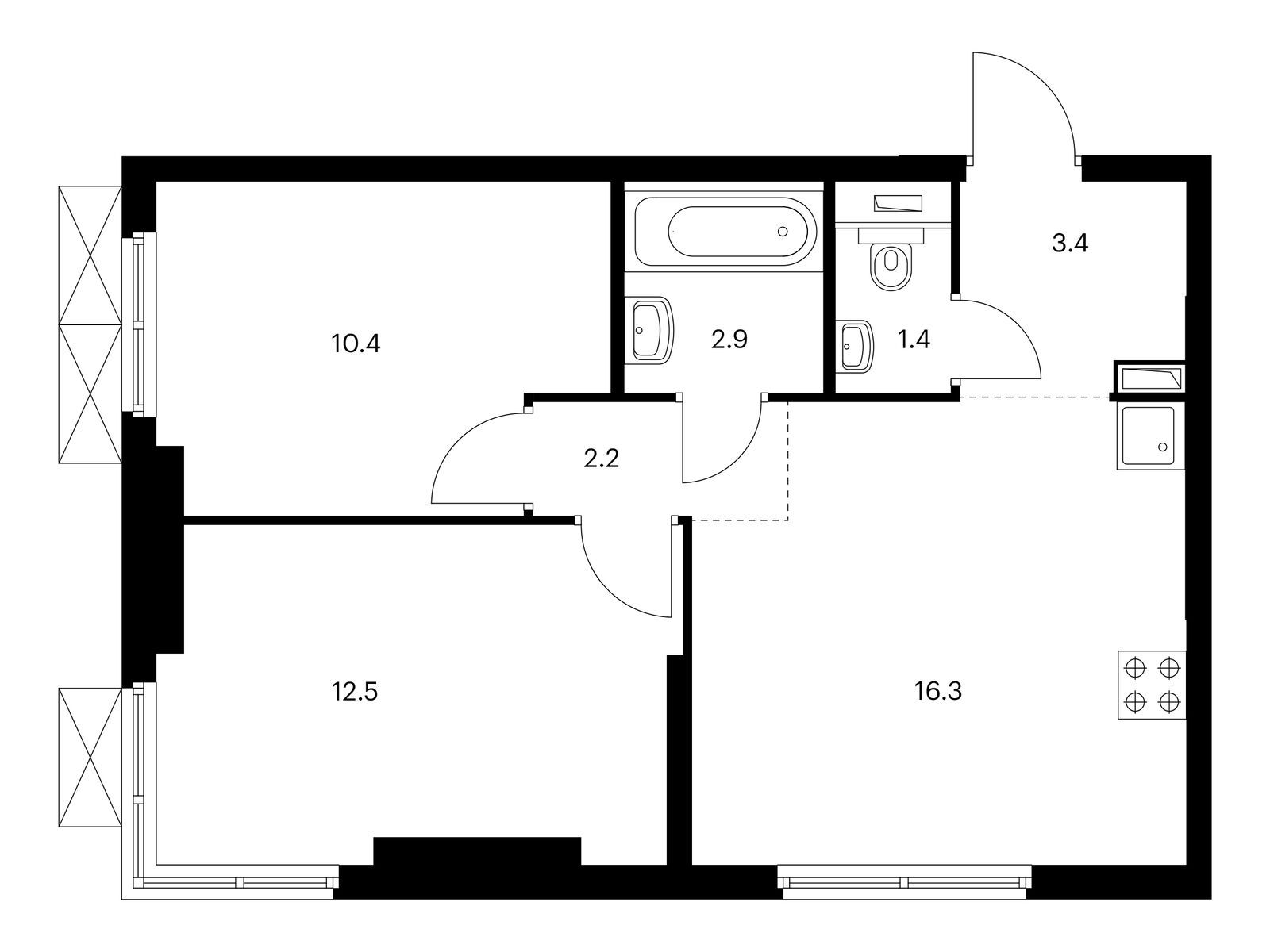 2-комнатная квартира, 49.1 кв.м, Руставели 14