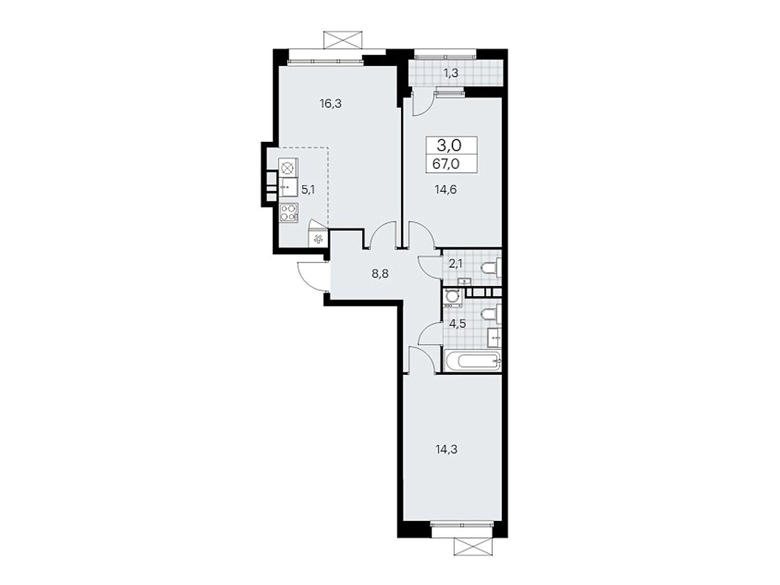 3-комнатная квартира, 66.9 кв.м, ЖК «Бунинские Кварталы»