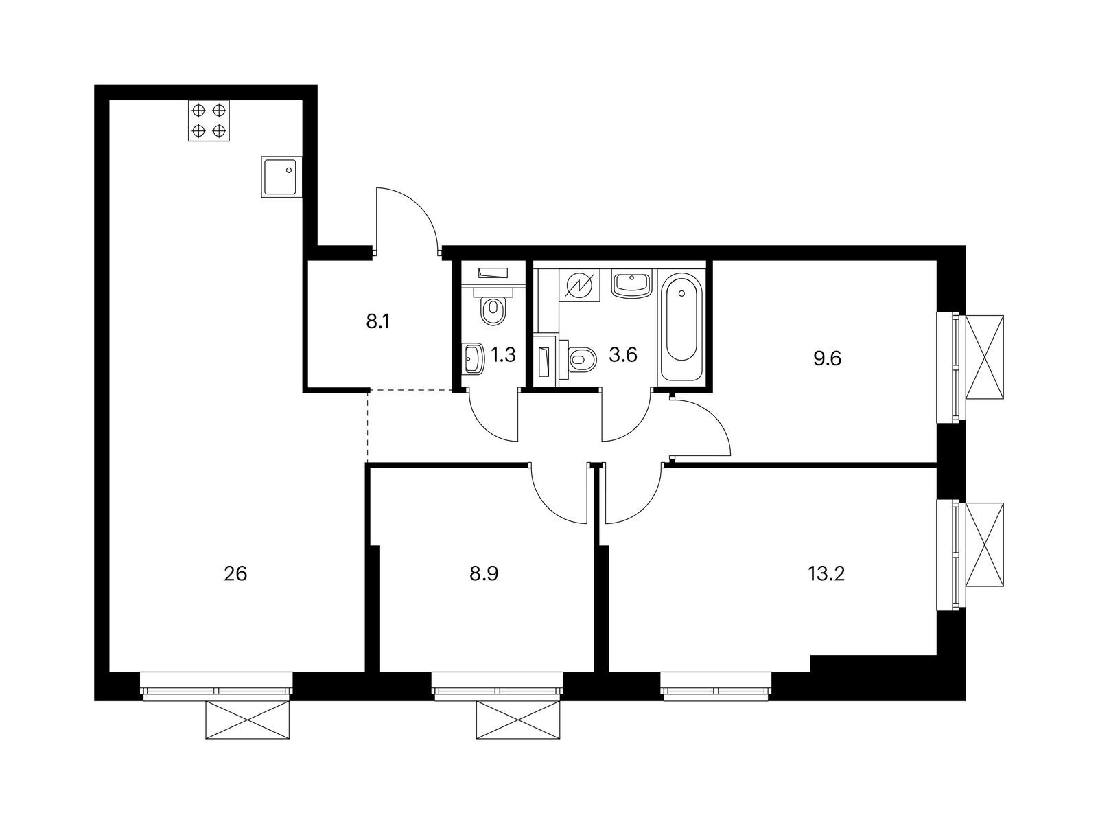 3-комнатная квартира, 70.7 кв.м, Открытый парк