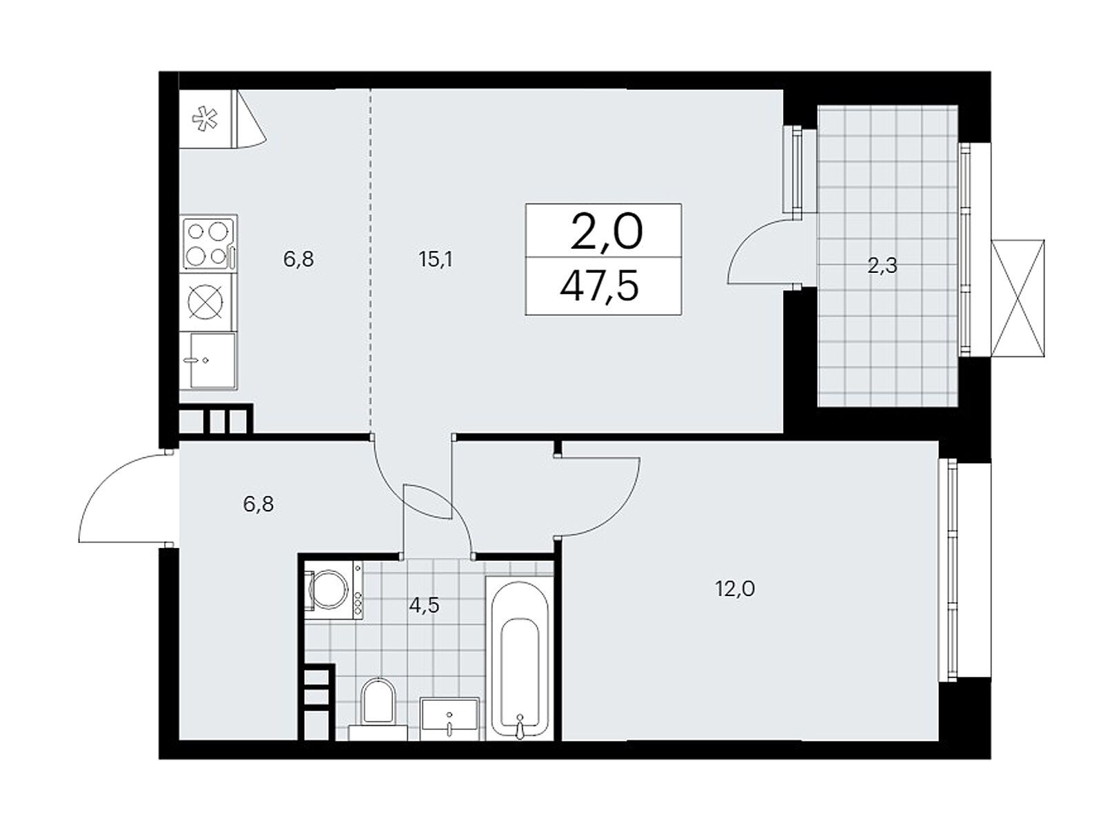 2-комнатная квартира, 47.5 кв.м, ЖК "Бунинские кварталы"