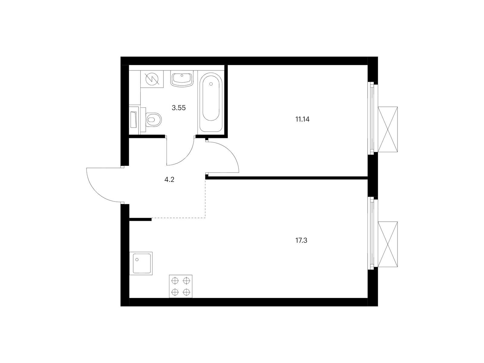 1-комнатная квартира, 36.19 кв.м, Ютаново