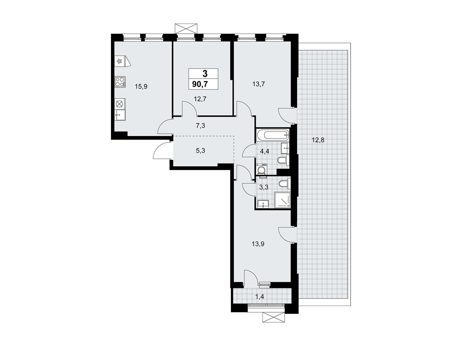 3-комнатная, 90.7 м2, ЖК «Прокшино» 3-комнатная, 90.7 м2, ЖК «Прокшино»