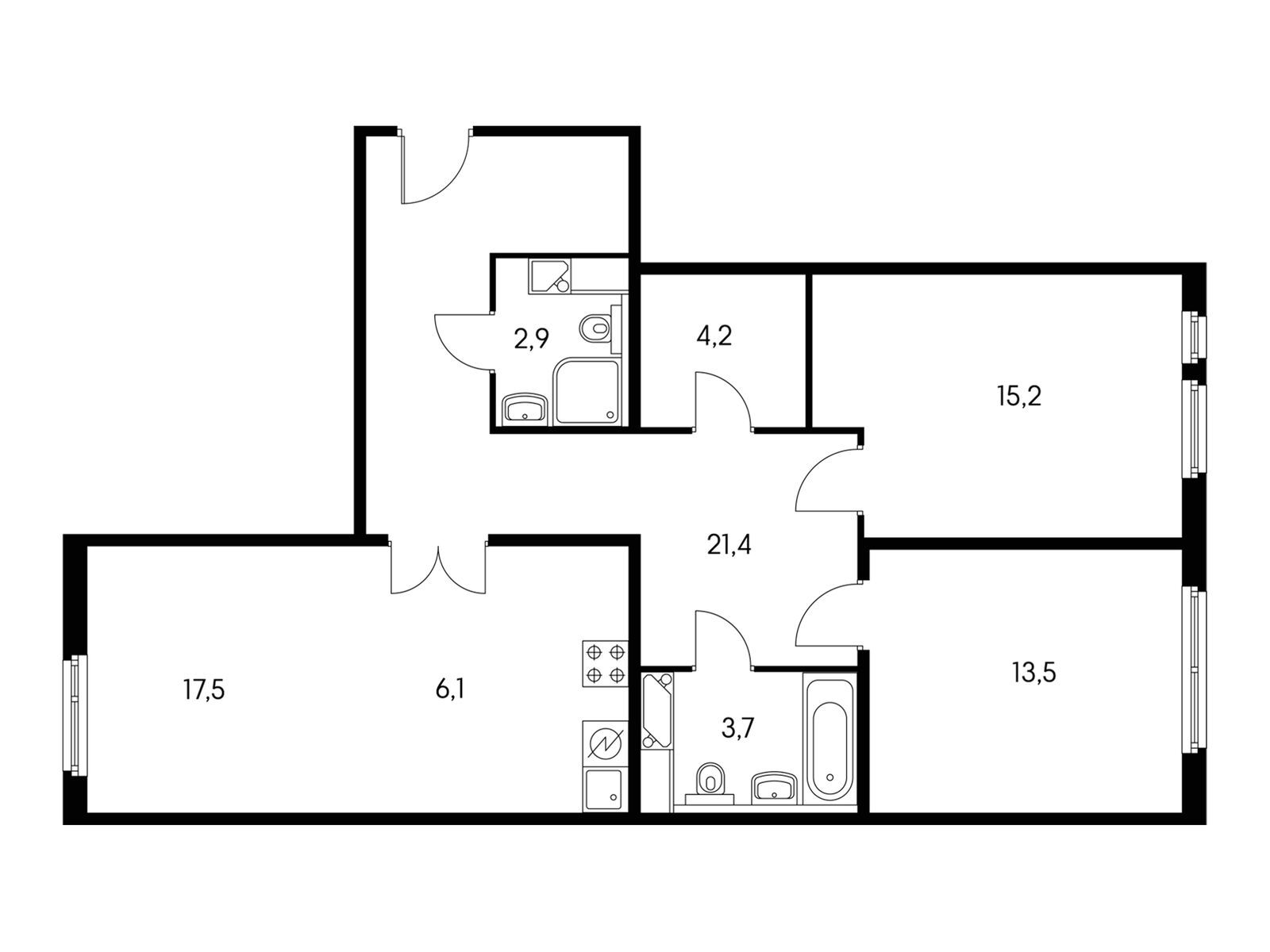 3-комнатная, 86.6 м2, Бунинские луга