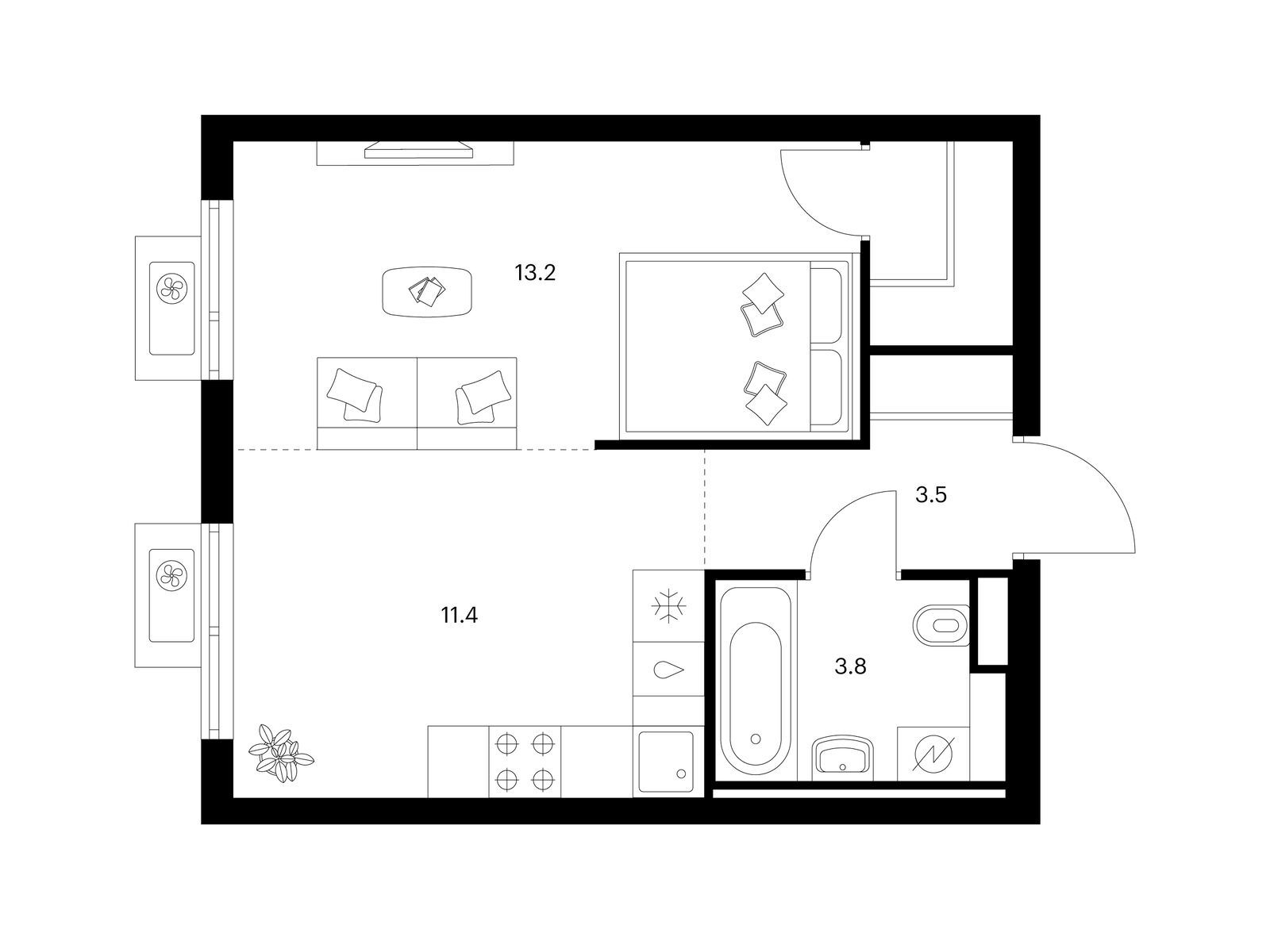 1-комнатная квартира, 33.9 кв.м, Яуза парк