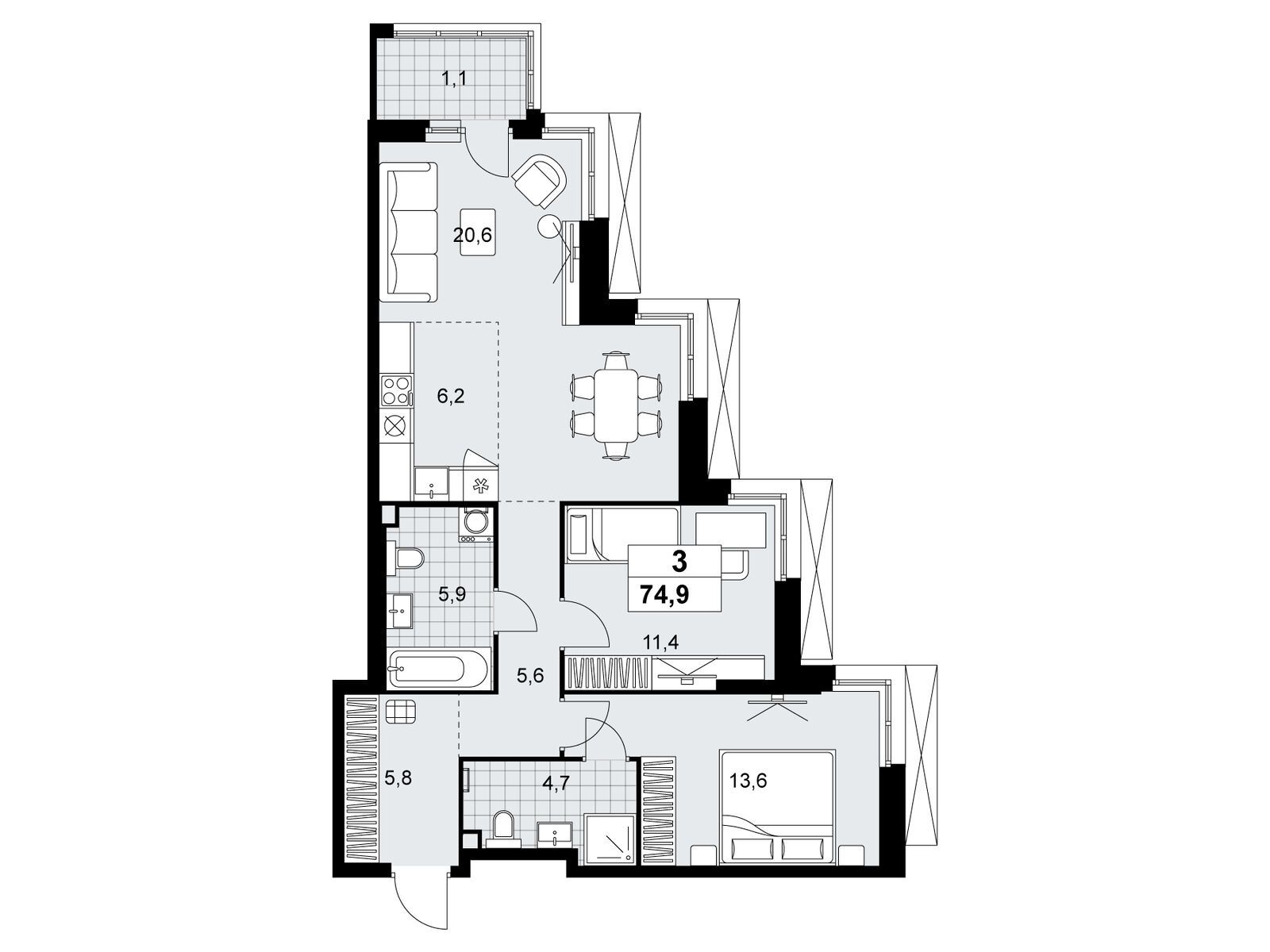3-комнатная квартира, 74.9 кв.м, ЖК «Дзен-кварталы»