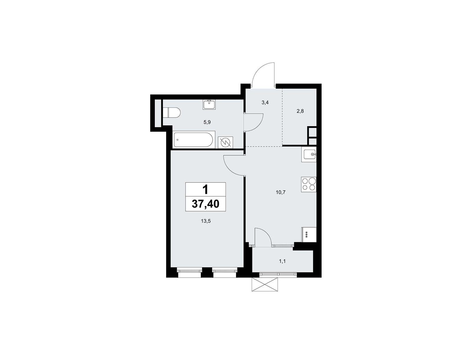 1-комнатная, 37.3 м2, «Дом на Зорге»