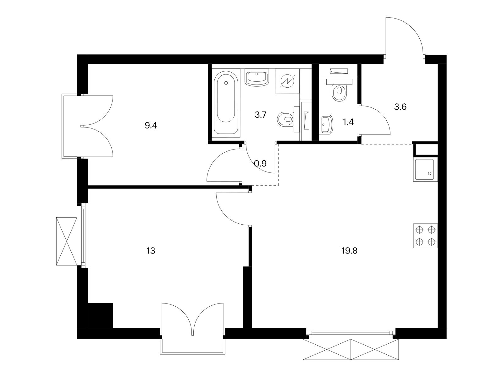 2-комнатная, 51.8 м2, Красноказарменная 15