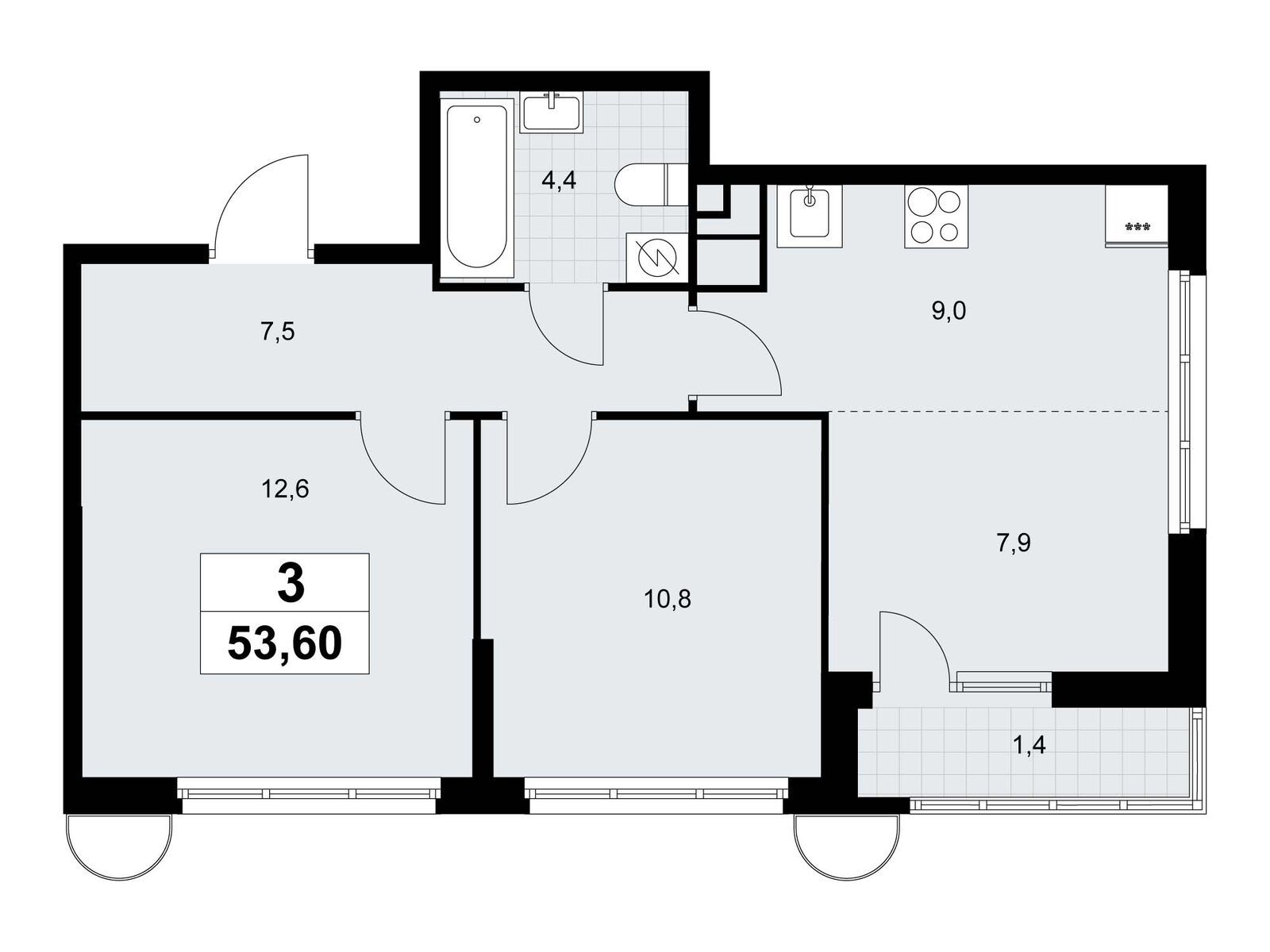 3-комнатная, 53.6 м2, ЖК «Родные кварталы»