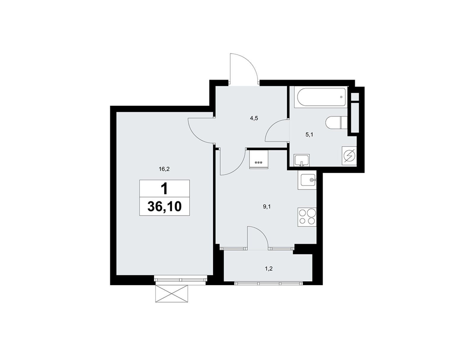 1-комнатная, 36.1 м2, «Дом на Зорге»