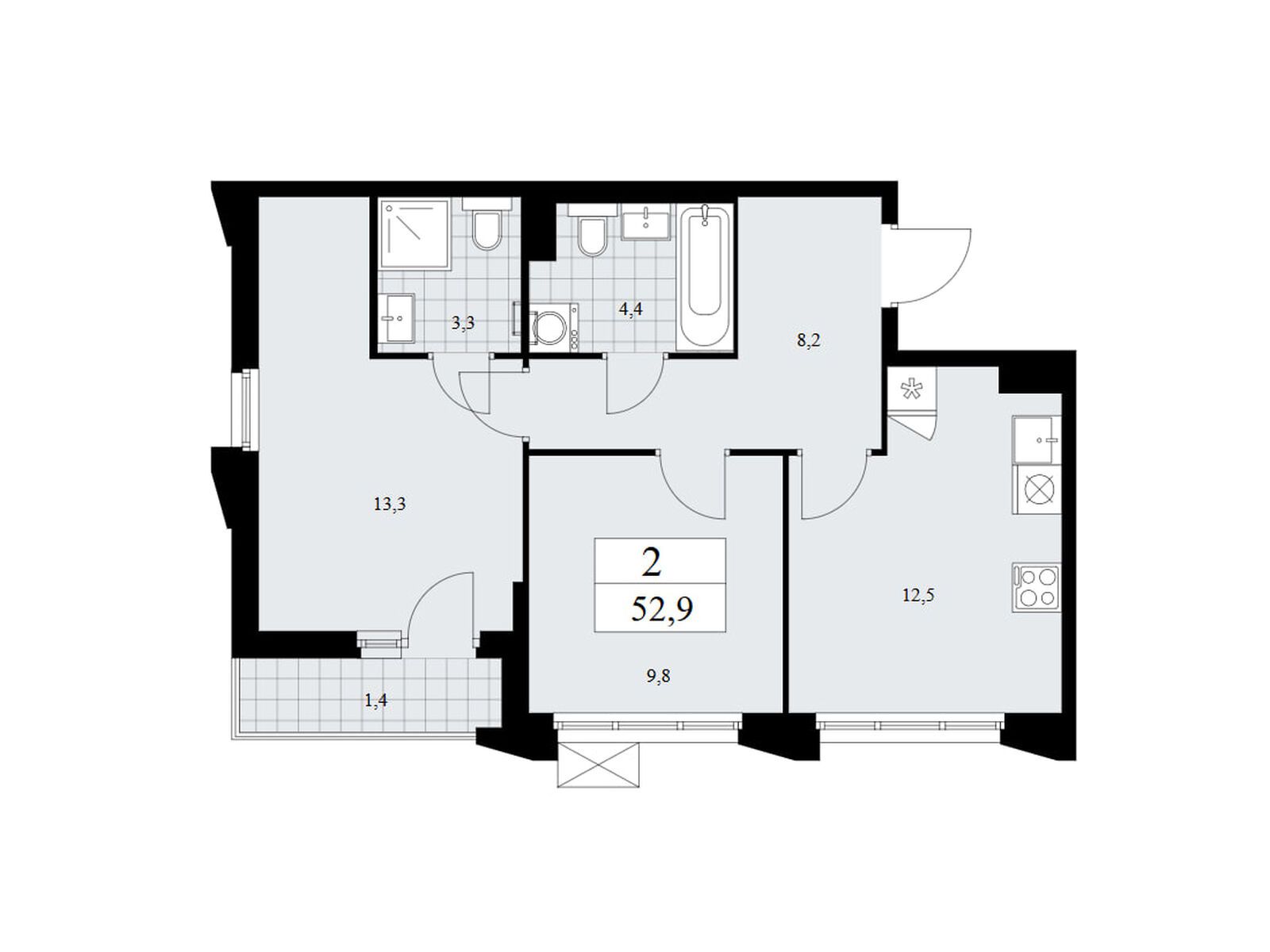 2-комнатная, 52.9 м2, ЖК «Деснаречье» 2-комнатная, 52.9 м2, ЖК «Деснаречье»