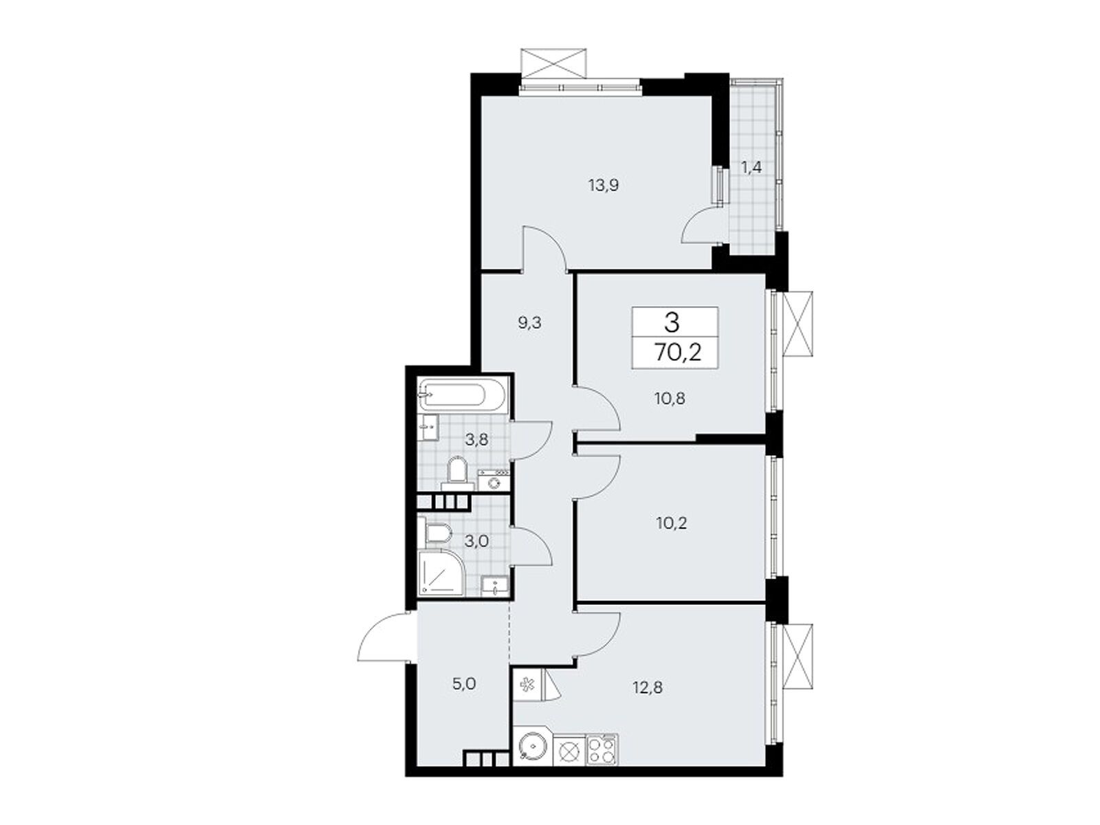3-комнатная квартира, 70.2 кв.м, ЖК «Бунинские Кварталы»
