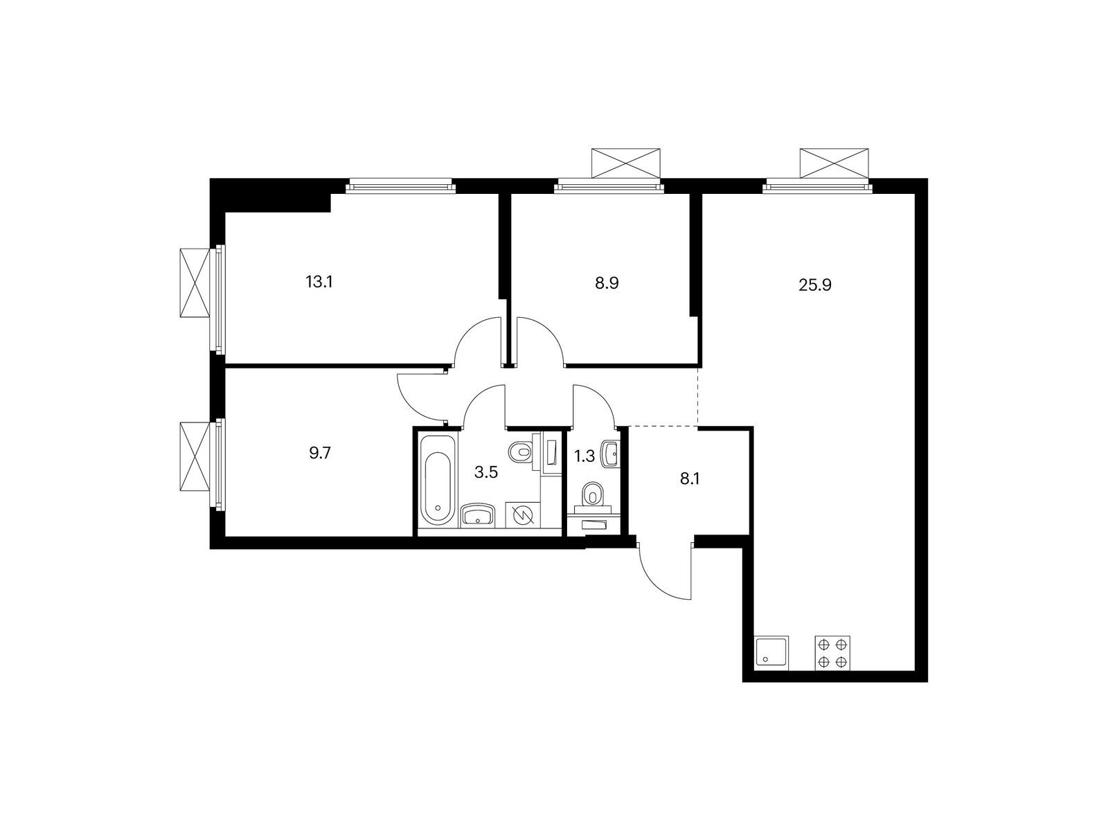 3-комнатная квартира, 70.5 кв.м, Ютаново