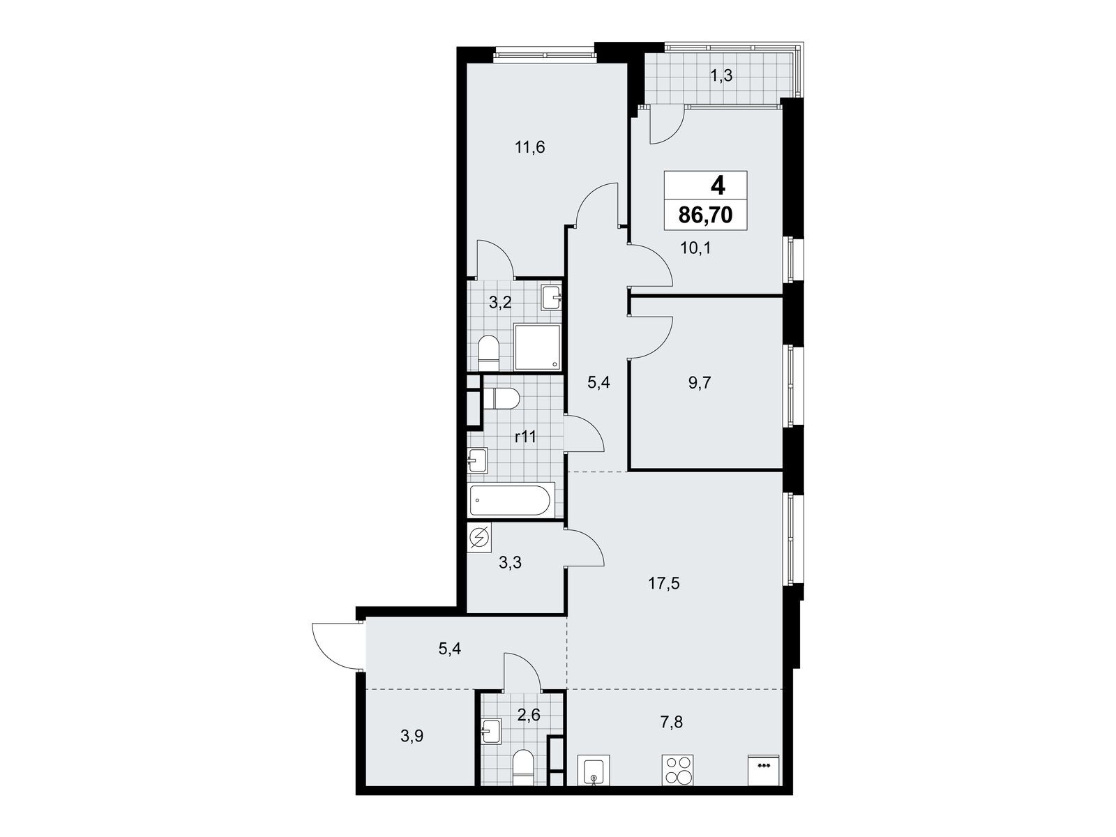 4-комнатная, 86.5 м2, «Дом на Зорге»