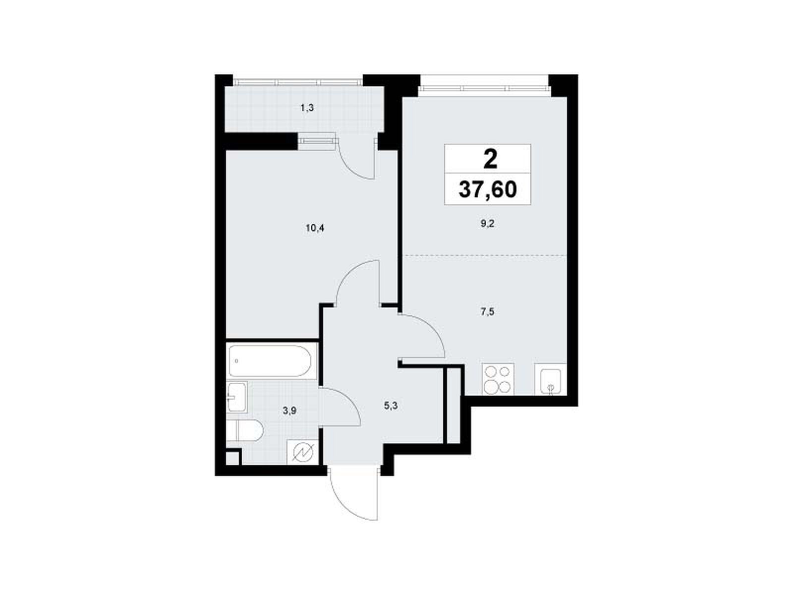 2-комнатная, 37.6 м2, ЖК «Родные кварталы»