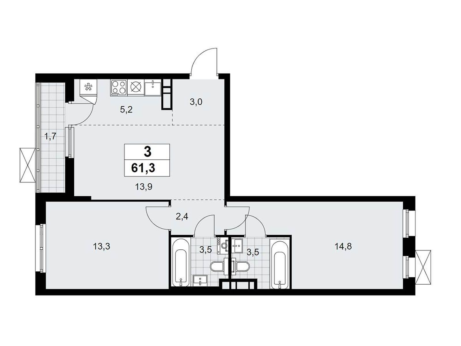 3-комнатная квартира, 61.3 кв.м, Жилой квартал "Прокшино"