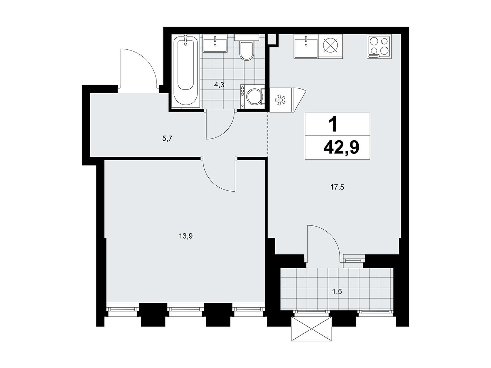 1-комнатная квартира, 42.9 кв.м, ЖК «Деснаречье»