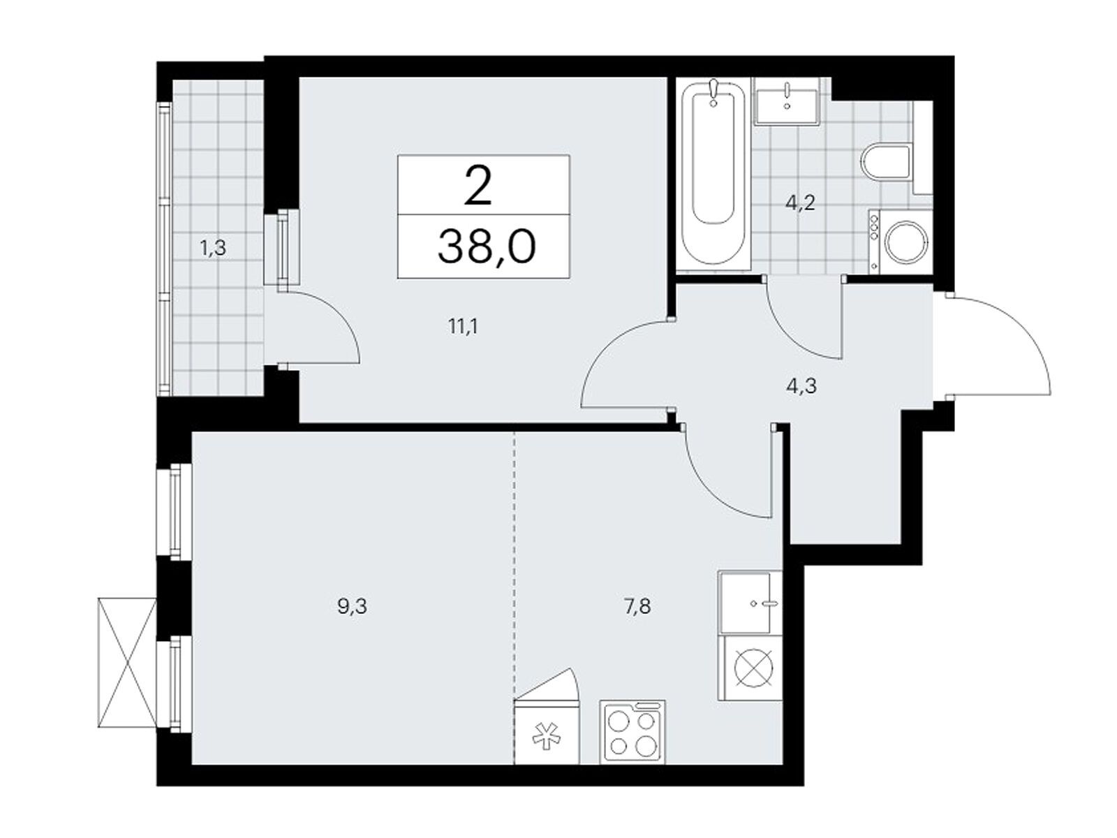 2-комнатная, 38.1 м2, ЖК «Бунинские Кварталы»