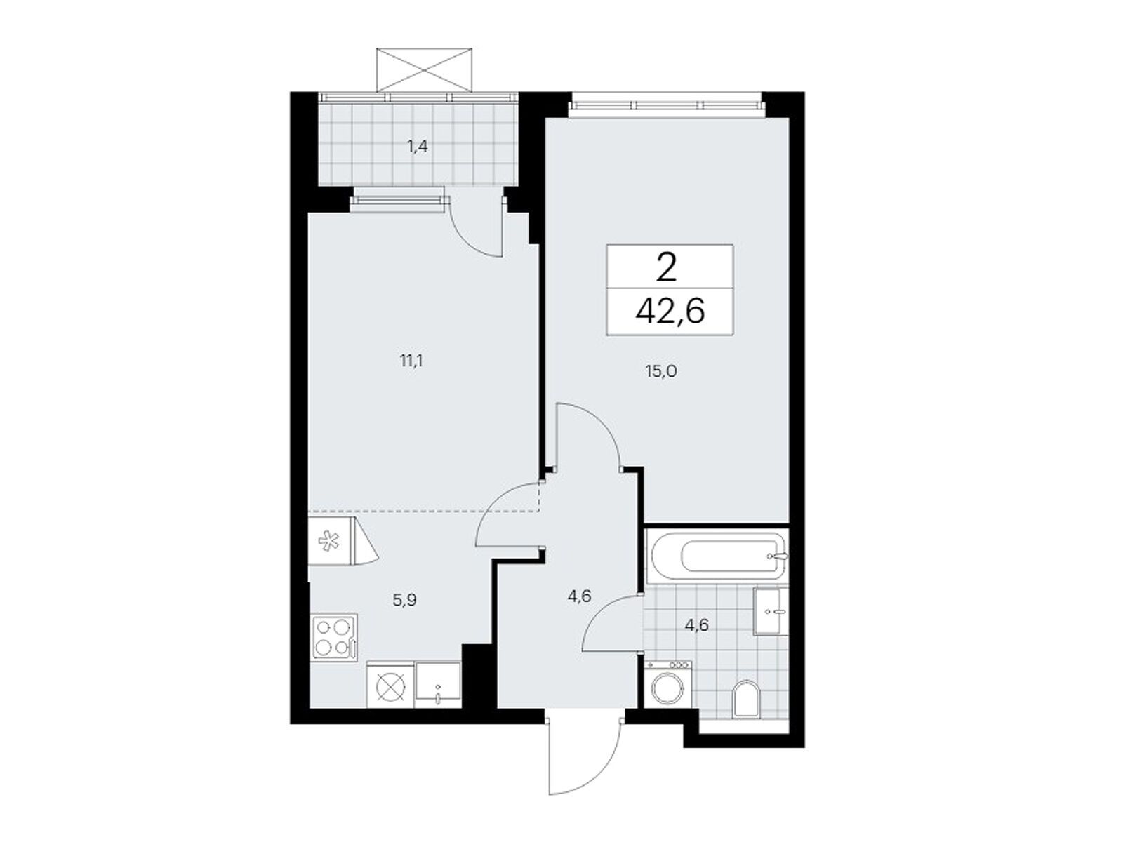 2-комнатная, 42.7 м2, ЖК «Бунинские Кварталы»