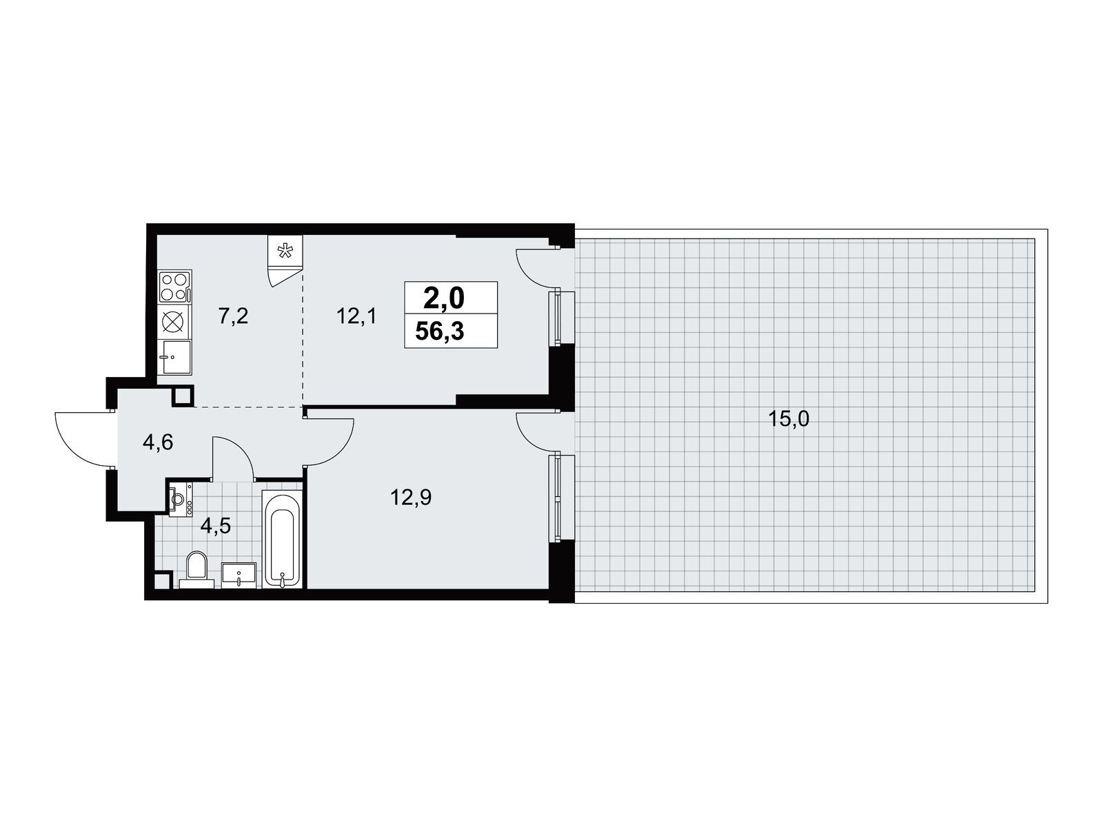 2-комнатная, 56.1 м2, ЖК «Дзен-кварталы»