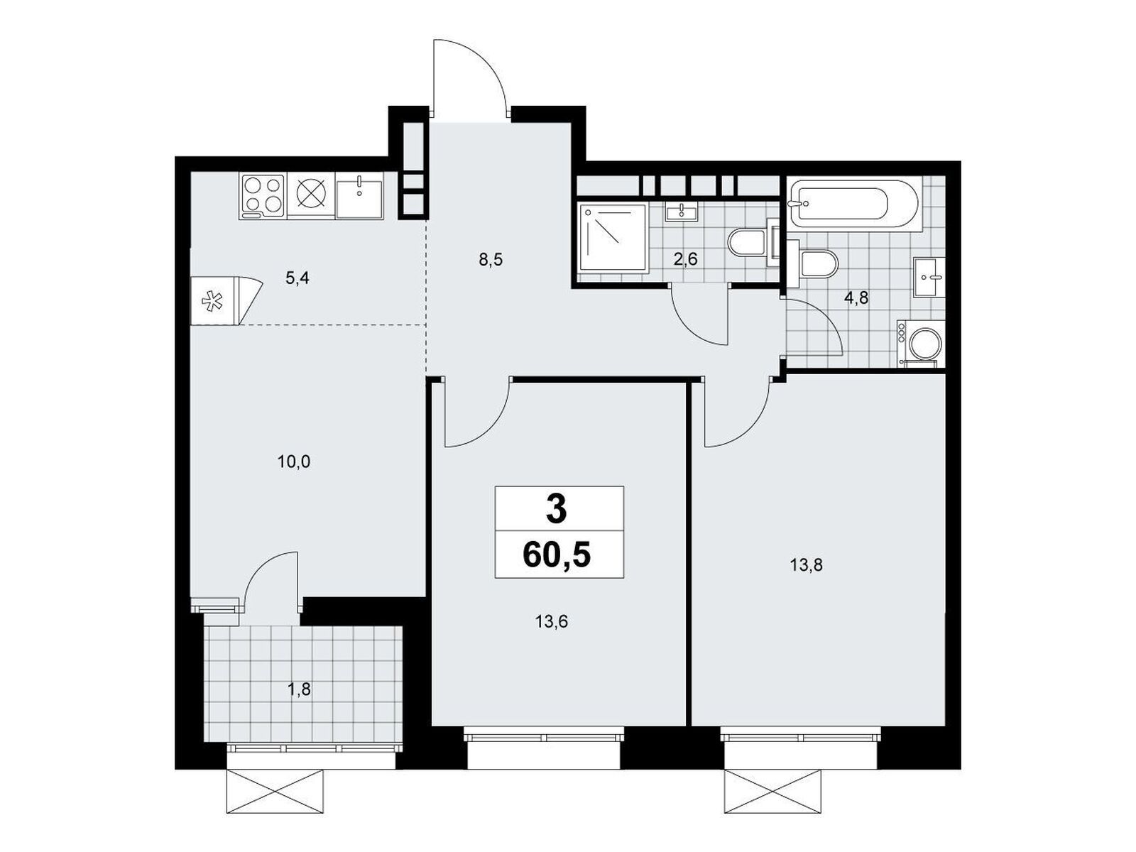 3-комнатная квартира, 60.2 кв.м, ЖК «Бунинские Кварталы»