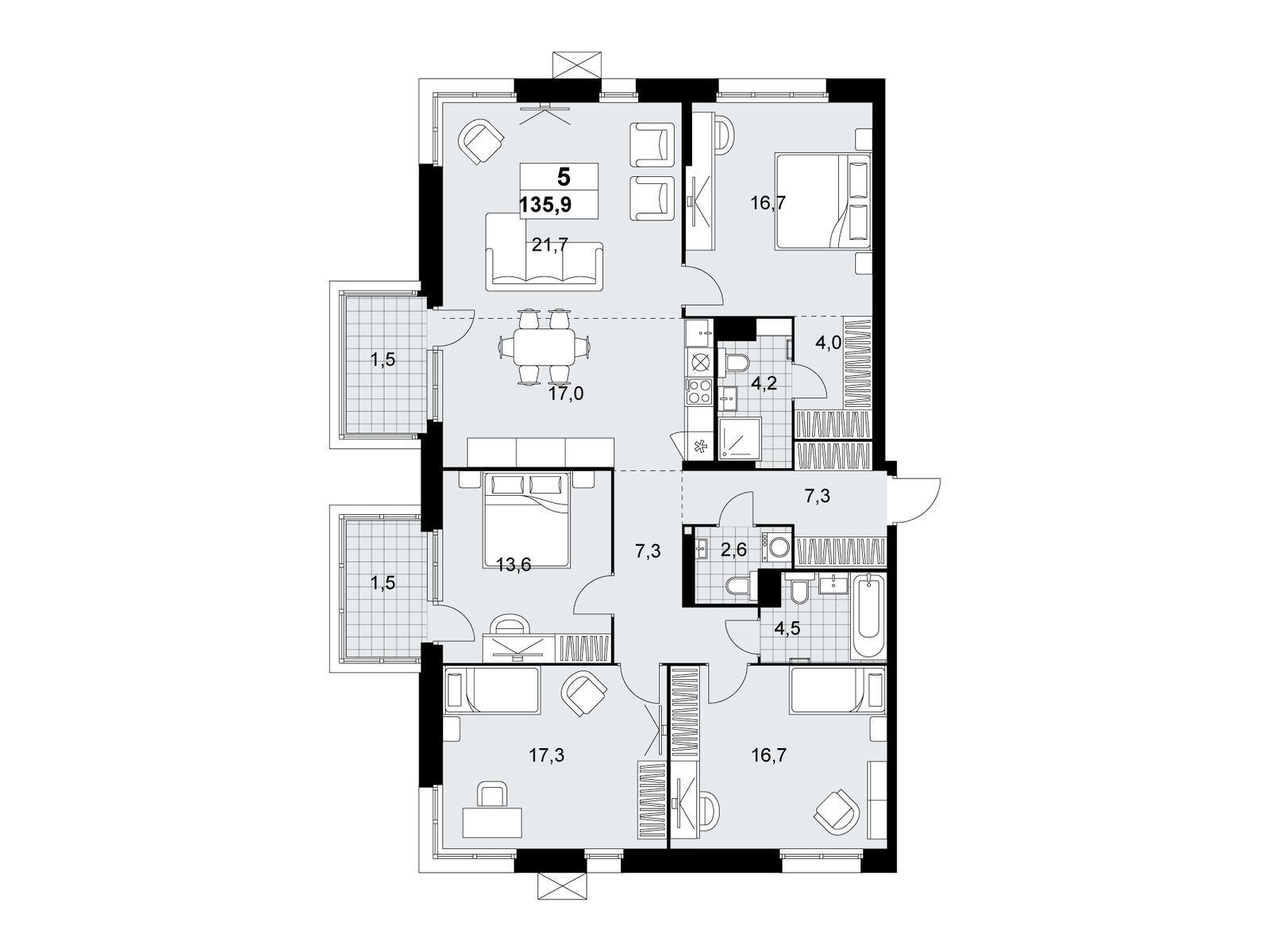 5-комнатная квартира, 135.9 кв.м, ЖК «Дзен-кварталы» 5-комнатная квартира, 135.9 кв.м, ЖК «Дзен-кварталы»
