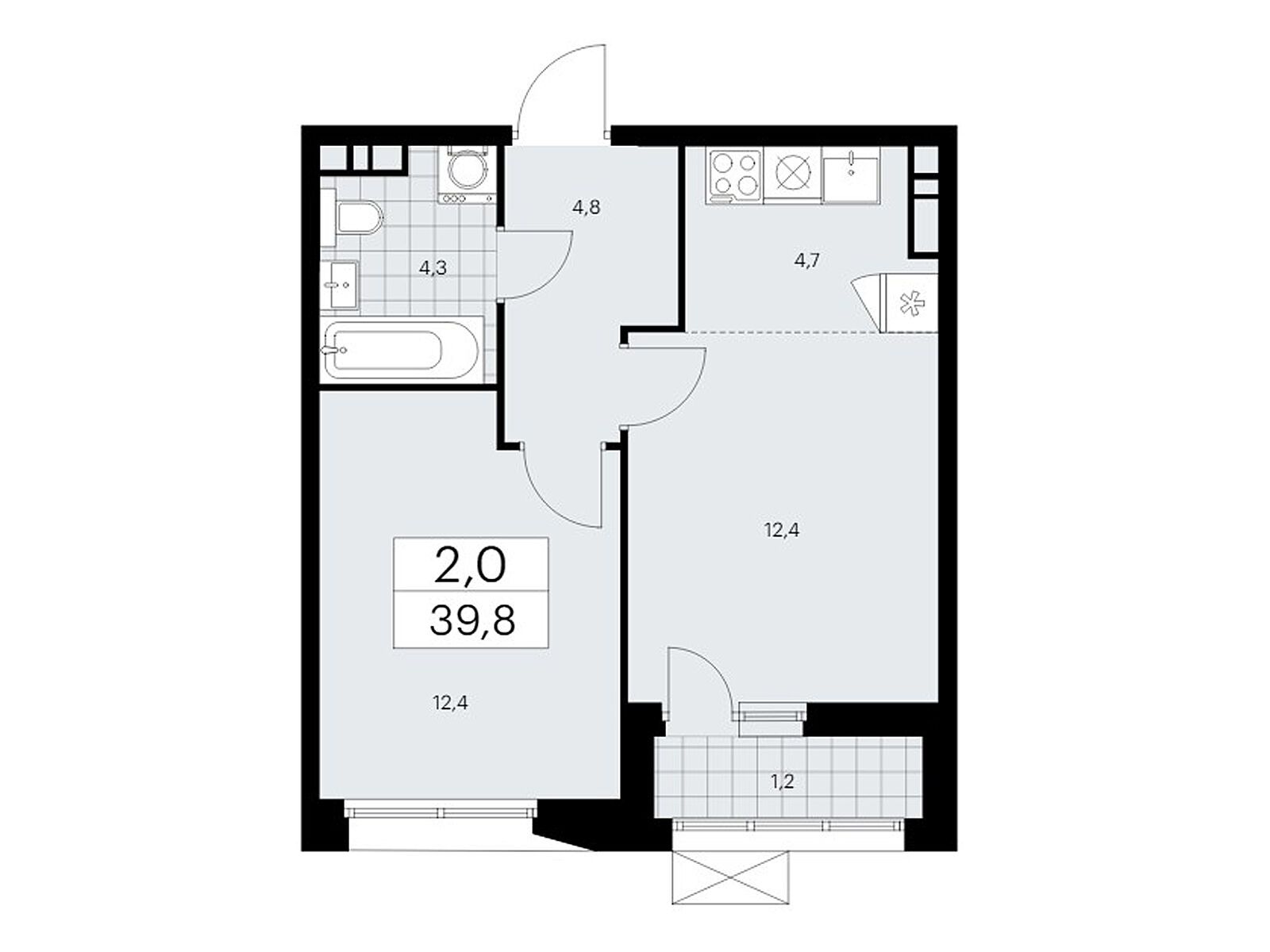 2-комнатная квартира, 39.8 кв.м, ЖК «Бунинские Кварталы»