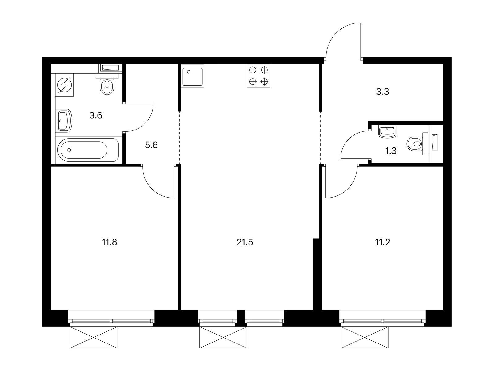 2-комнатная, 58.3 м2, Новохохловская 15