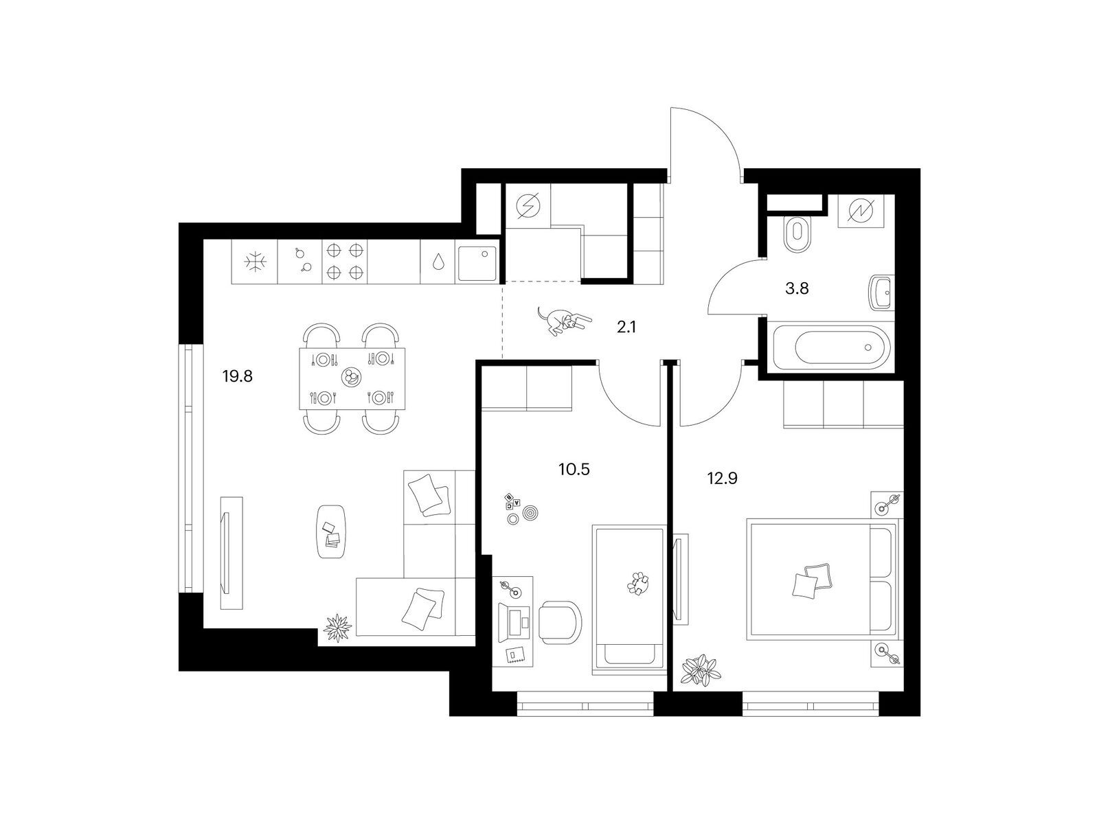 2-комнатная, 54.7 м2, Москворечье