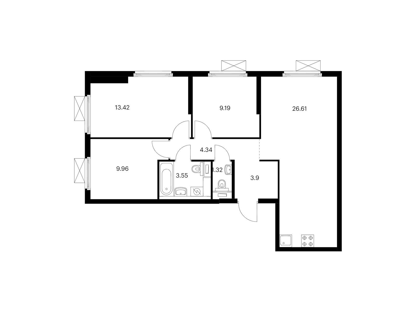 3-комнатная квартира, 72.29 кв.м, Ютаново