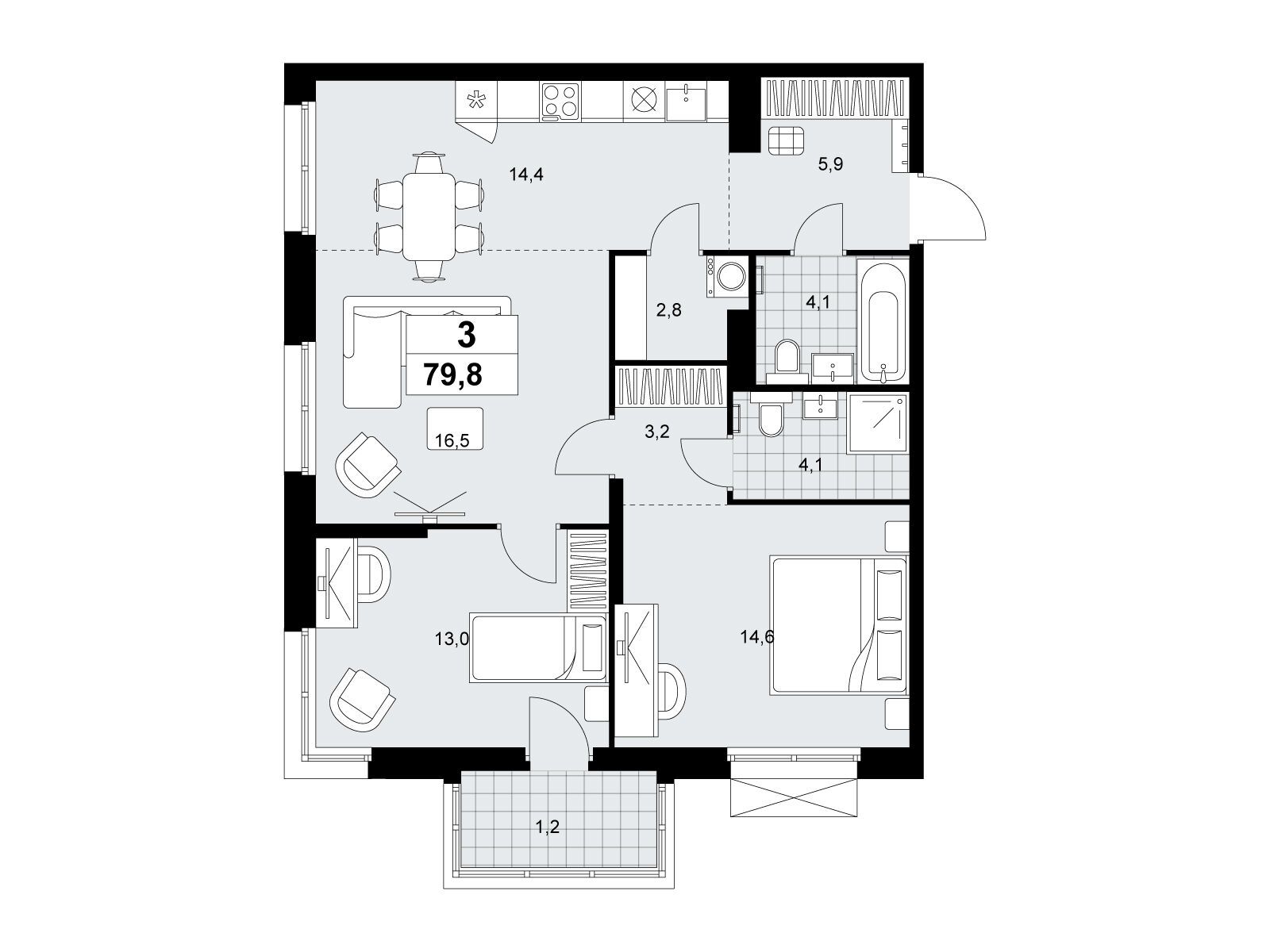 3-комнатная, 79.8 м2, ЖК «Дзен-кварталы»