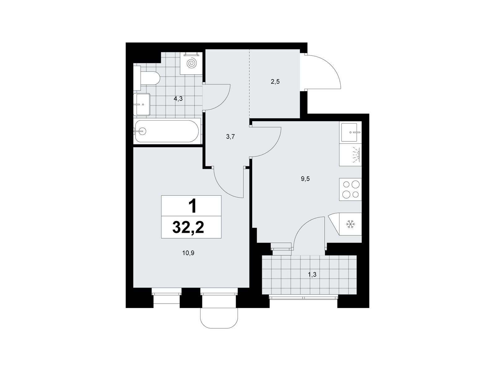 1-комнатная квартира, 32.2 кв.м, ЖК «Прокшино» 1-комнатная квартира, 32.2 кв.м, ЖК «Прокшино»