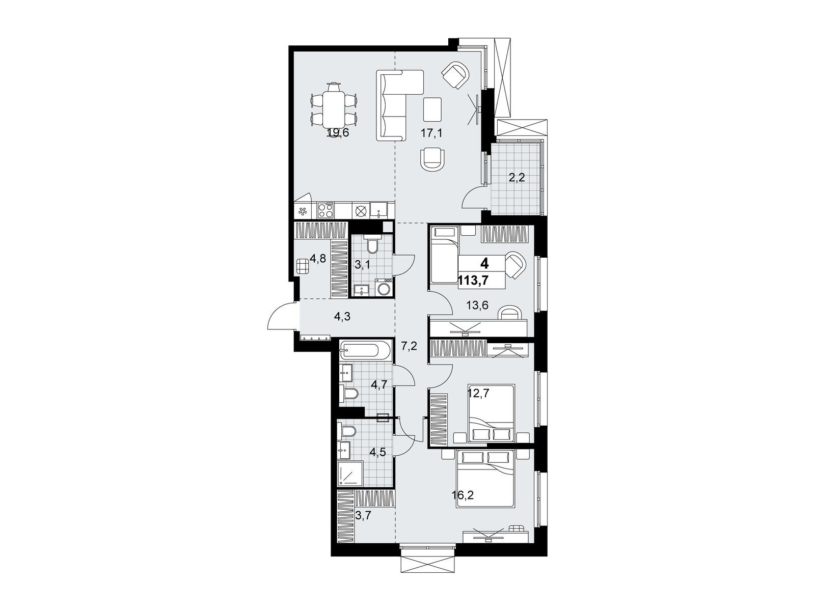 4-комнатная квартира, 113.7 кв.м, ЖК «Дзен-кварталы»