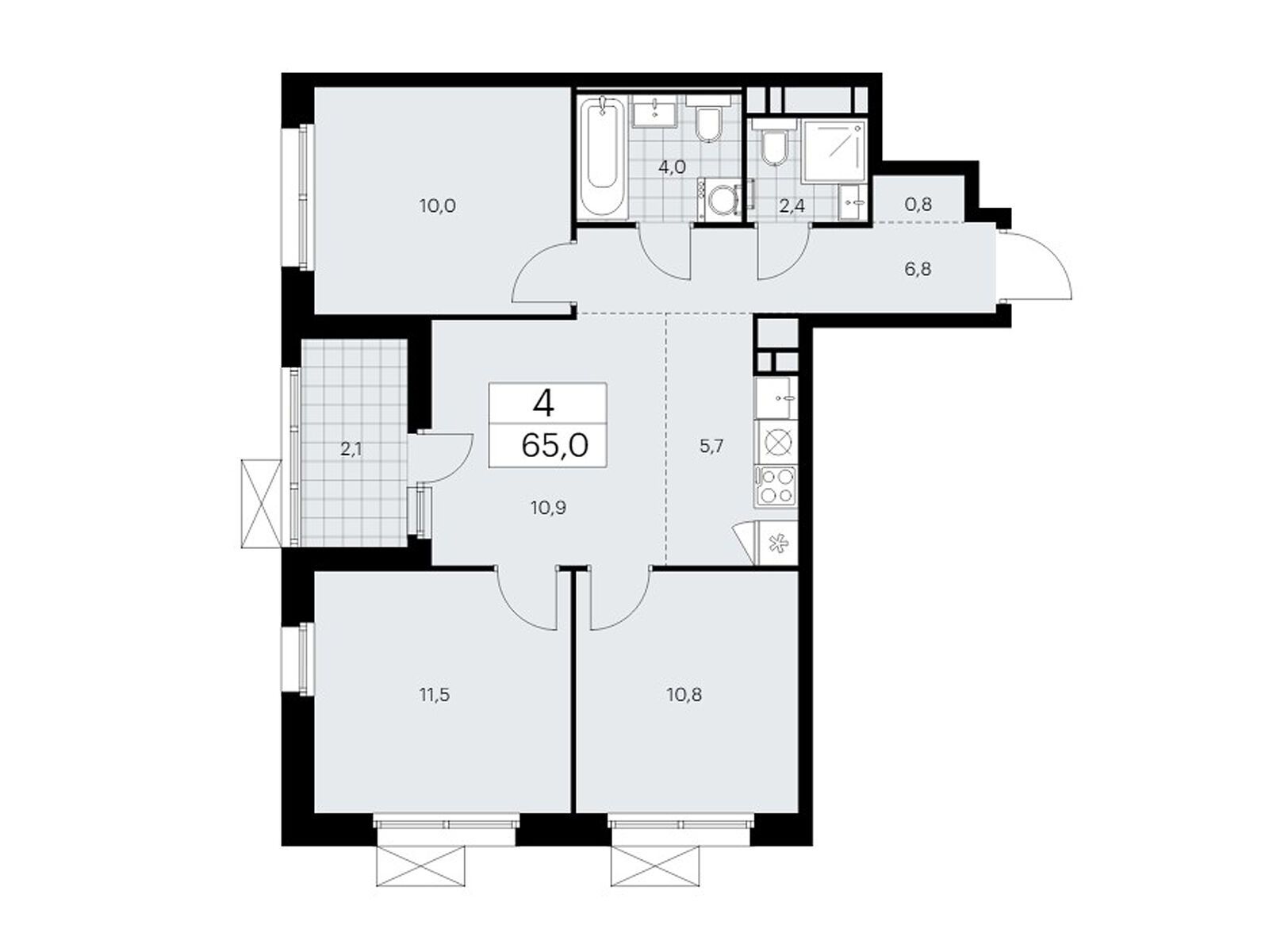 4-комнатная, 65 м2, ЖК «Скандинавия»