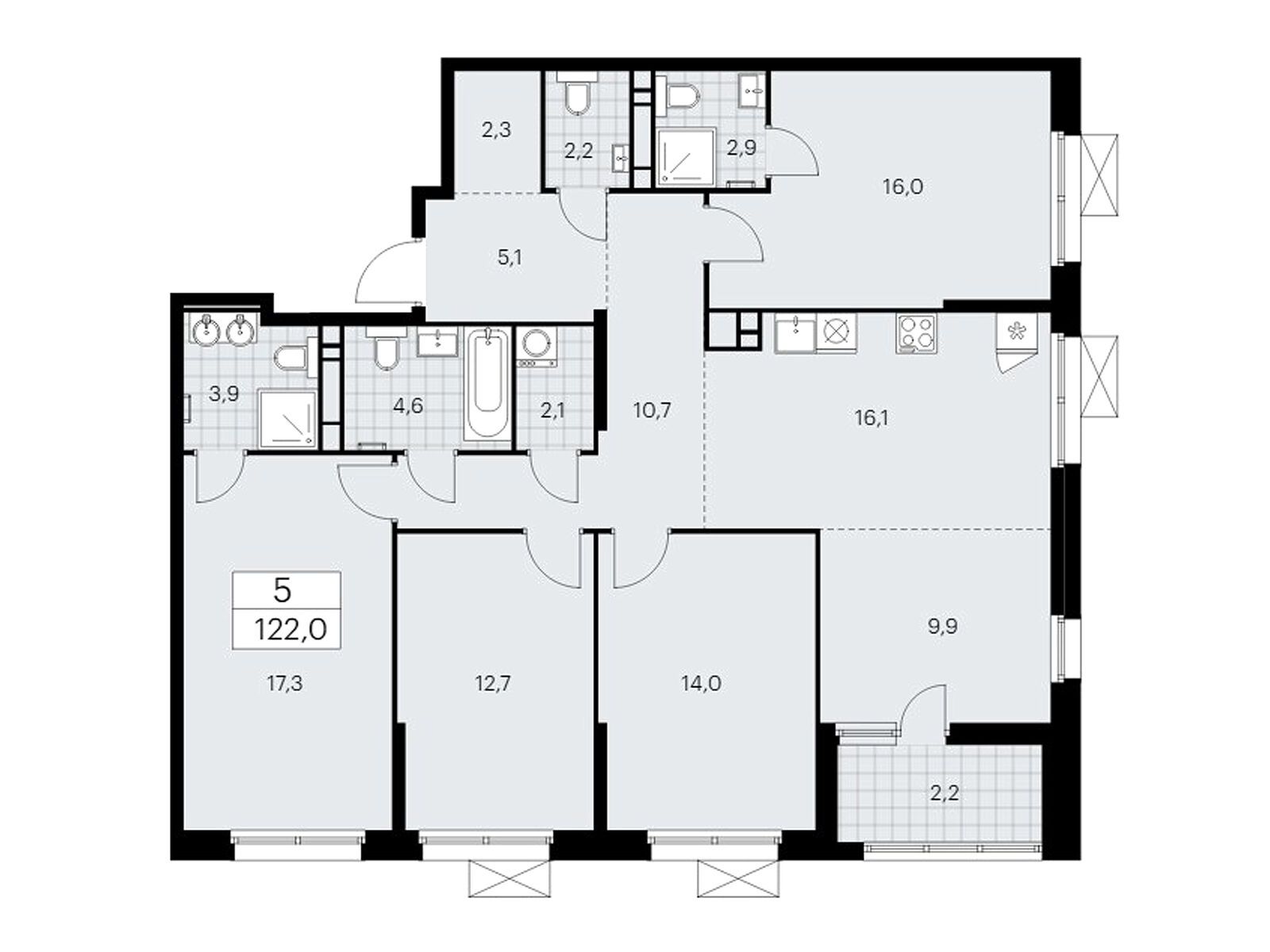 5-комнатная, 122 м2, ЖК «Скандинавия»